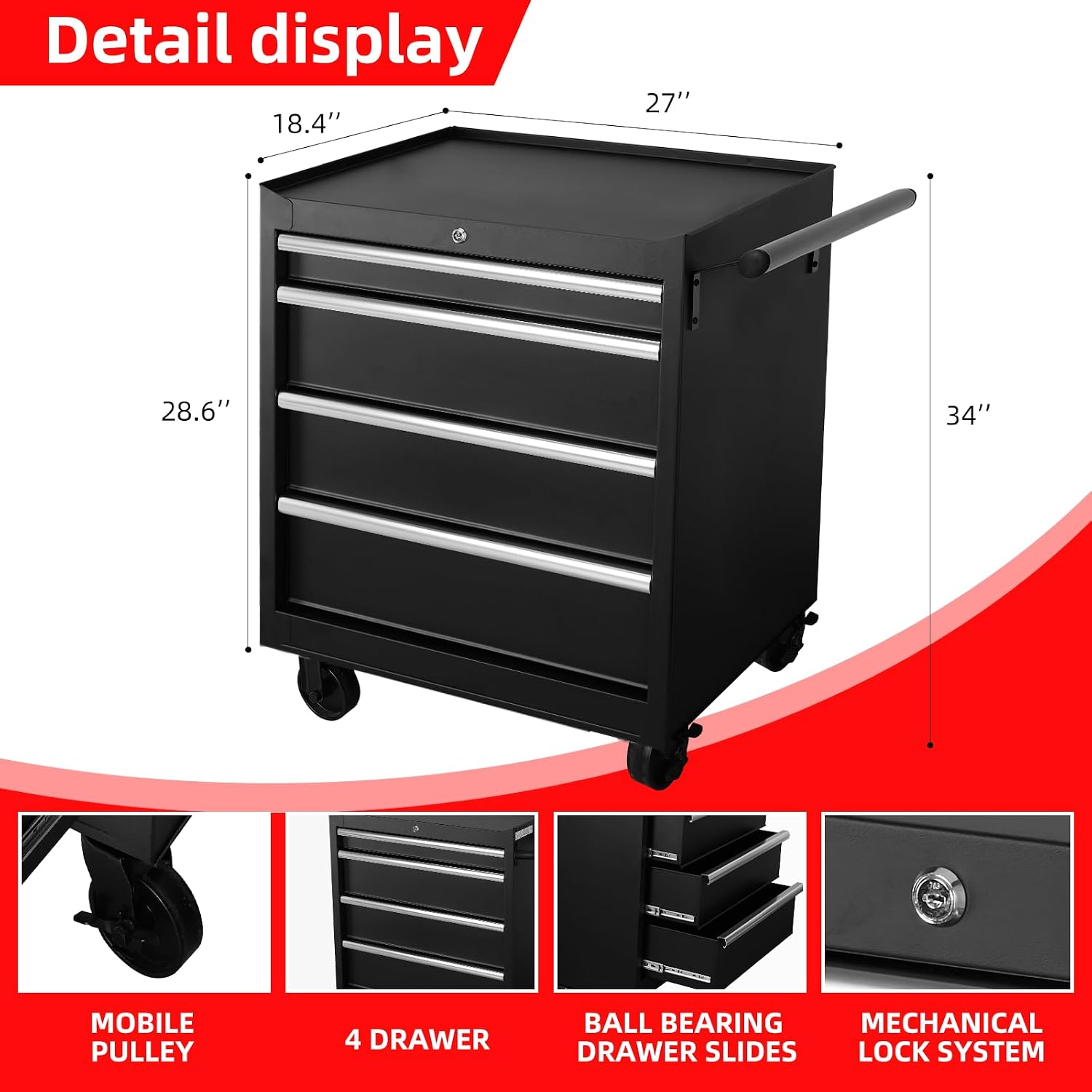 Rolling Tool Box with 4 Drawer, 27 Inch Rolling Tool Chest with Wheels, Metal Tool Storage Cabinets, Tool Box Organizer for Garage, Shop, Workbench, Warehouse, Workshop (Product Depth-18.4inch)