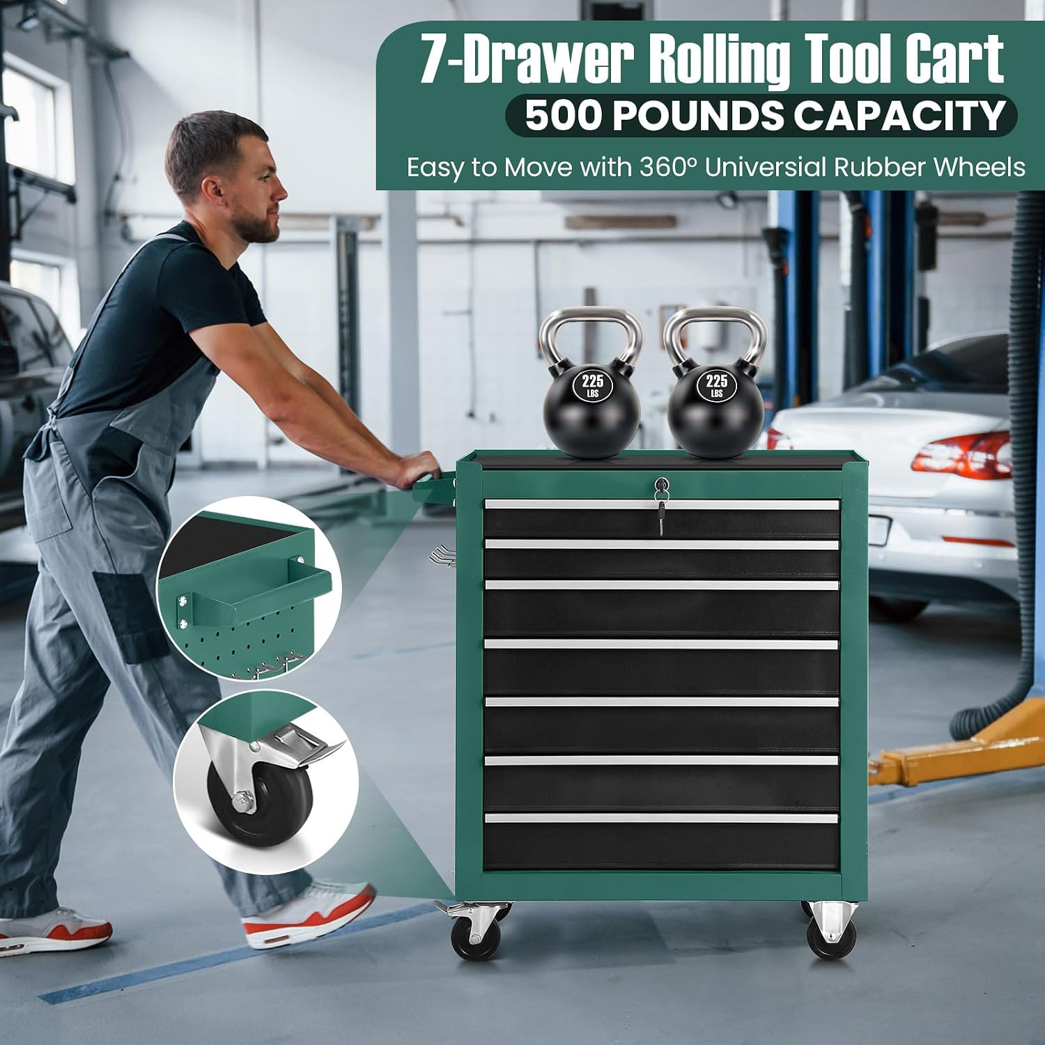7-Drawer Rolling Tool Chest with Wheels,Tool Cabinet on Wheels with Keyed Locking,Multifunctional Tool Cart on Wheels,Tool Storage Organizer Cabinets for Garage,Warehouse, Repair Shop (Black Green)