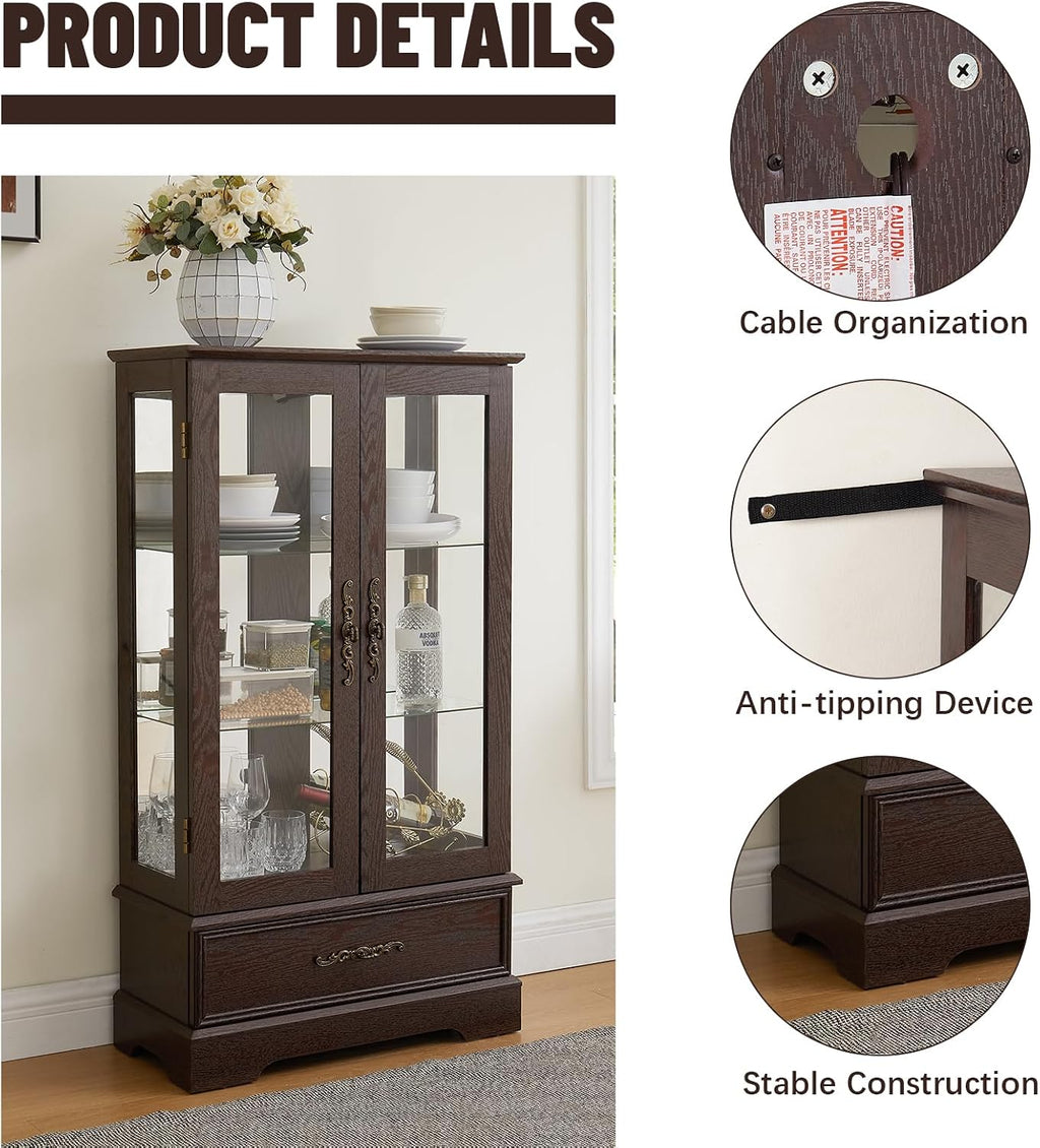 Display Cabinet with Glass Doors Drawer, Lighted Curio Cabinet with Adjustable Glass Shelves and Mirrored Back Panel, Retro Floor Standing Storage Cabinets for Living Room, Cherry