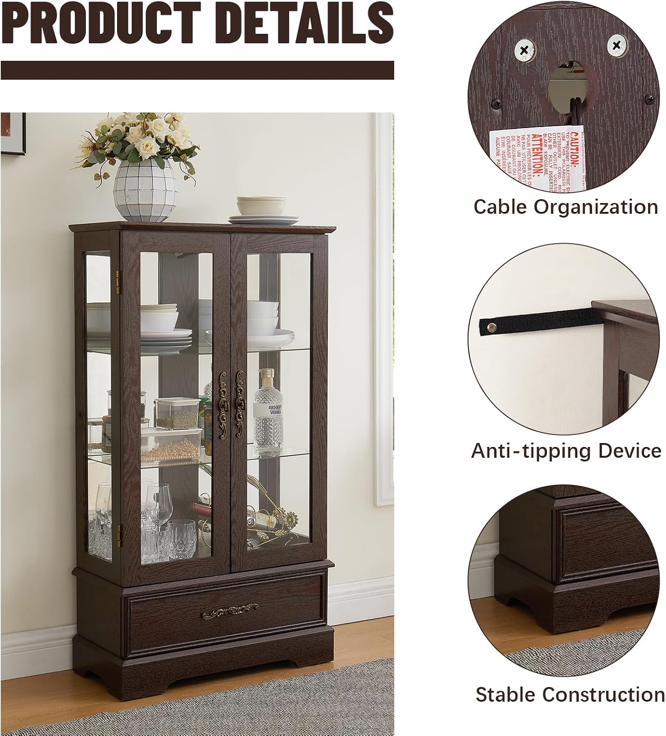 Display Cabinet with Glass Doors Drawer, Lighted Curio Cabinet with Adjustable Glass Shelves and Mirrored Back Panel, Retro Floor Standing Storage Cabinets for Living Room, Cherry