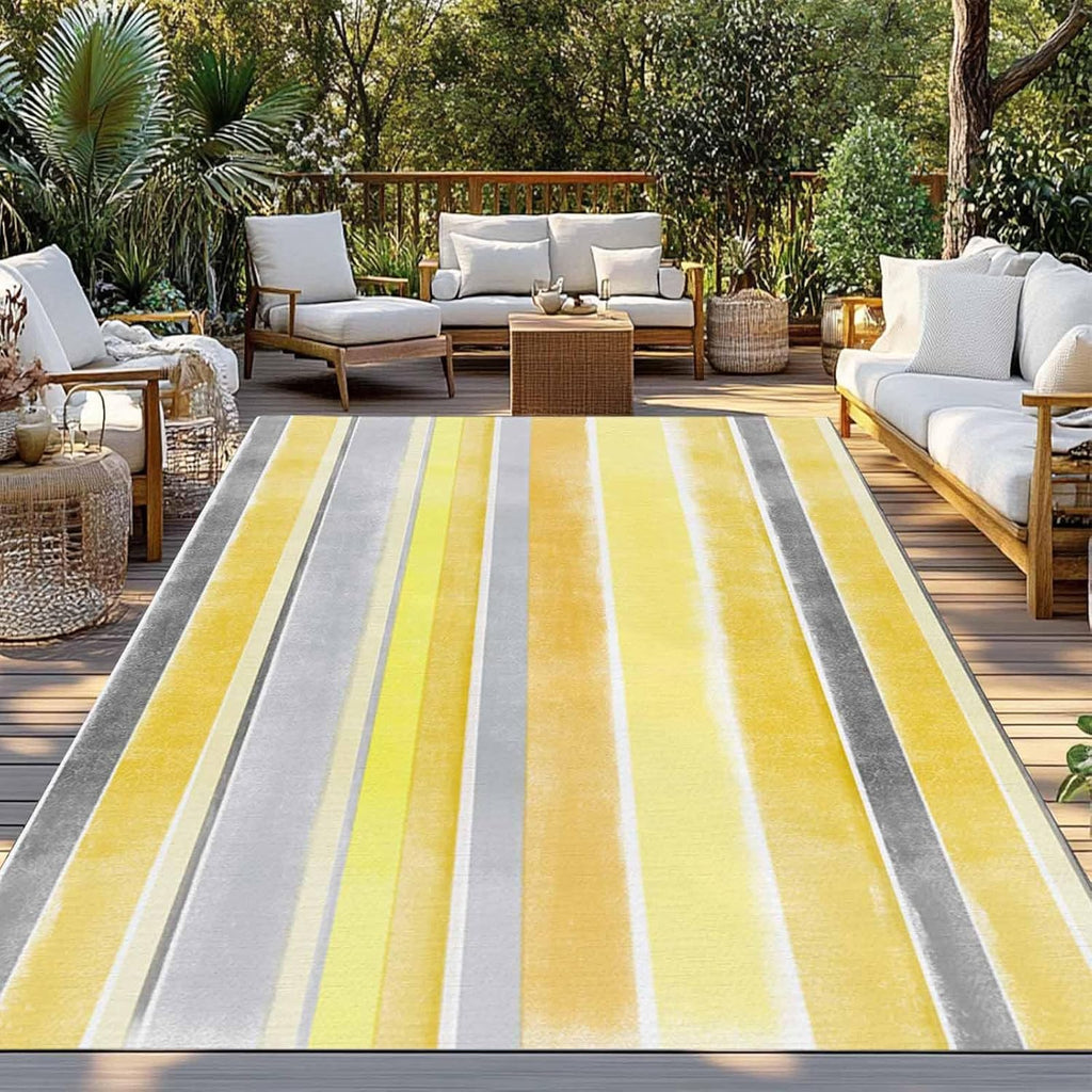 Outdoor Rug 4x6ft Classic Yellow Gray Stripes Patio Area Rugs Waterproof Easy Cleaning Non Shedding Thick Mats Europe Carpet for Indoor Outdoor Porch Deck Backyard Balcony