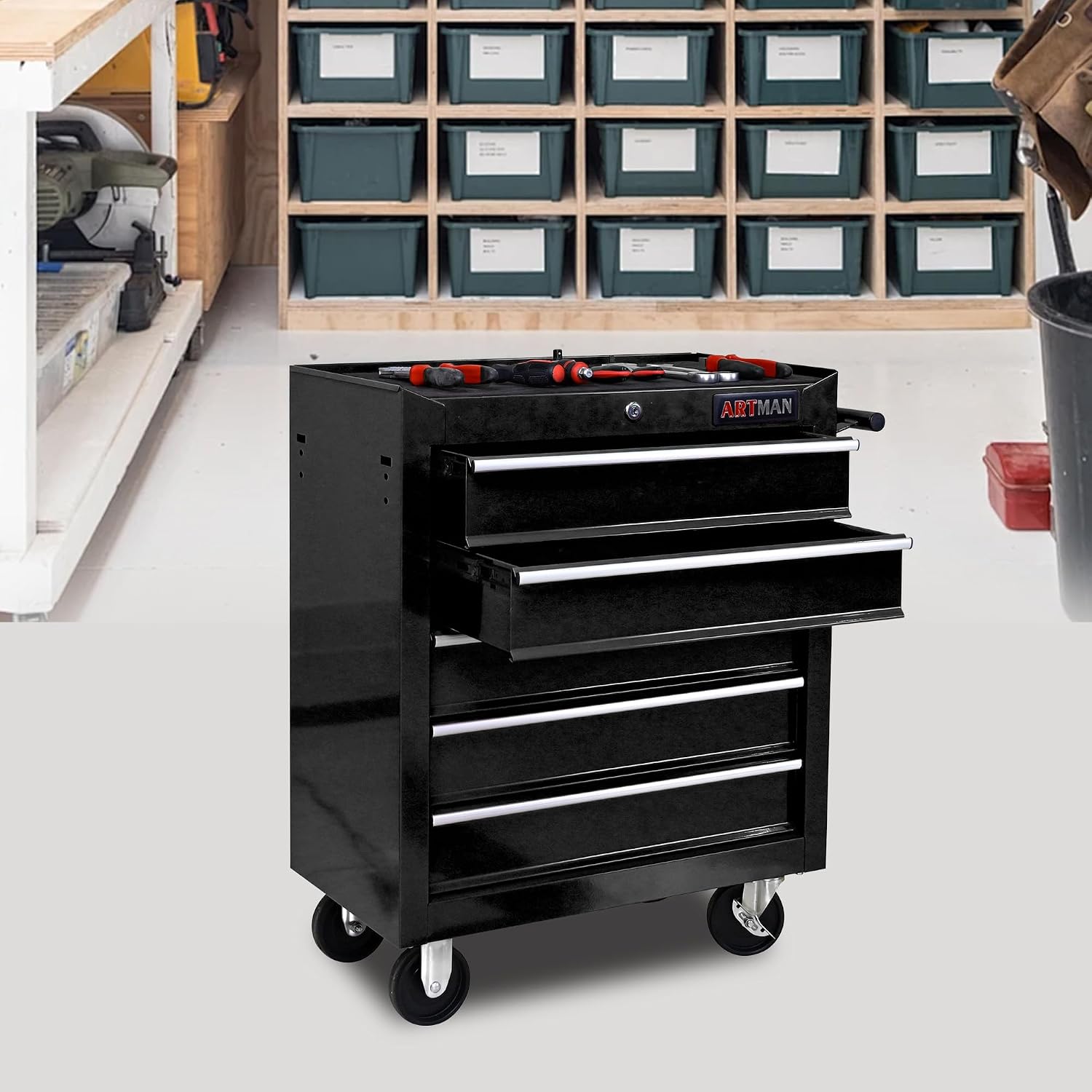5 Drawers Tool Cart on Wheels, 5 Drawer Rolling Tool Chest with Key Lock, Trolley Organizer Tool Case, Multifunctional Rolling Tool Box for Garage,Warehouse,Workshop,Repair Shop (Black)