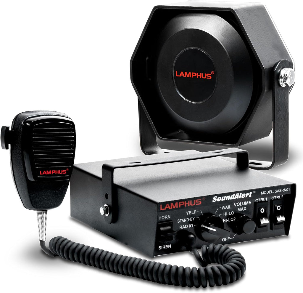 LAMPHUS SoundAlert 12V 100W Police Siren PA System Kit [Slim Speaker] [118-124dB] [Handheld Microphone] [Hands-Free] Warning Emergency Siren for Vehicles Tow Truck UTV ATV Van Car POV RV