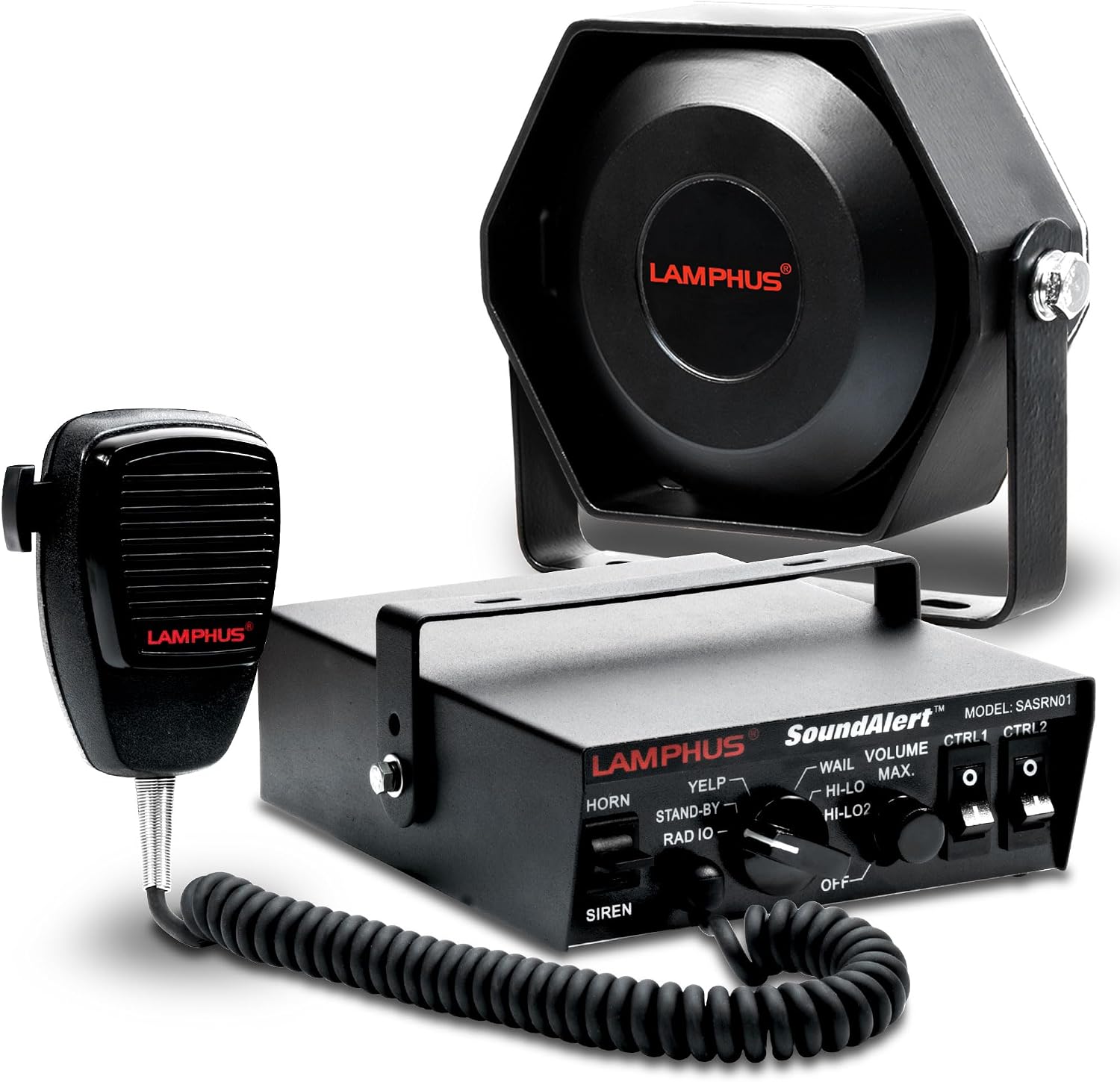 LAMPHUS SoundAlert 12V 100W Police Siren PA System Kit [Slim Speaker] [118-124dB] [Handheld Microphone] [Hands-Free] Warning Emergency Siren for Vehicles Tow Truck UTV ATV Van Car POV RV