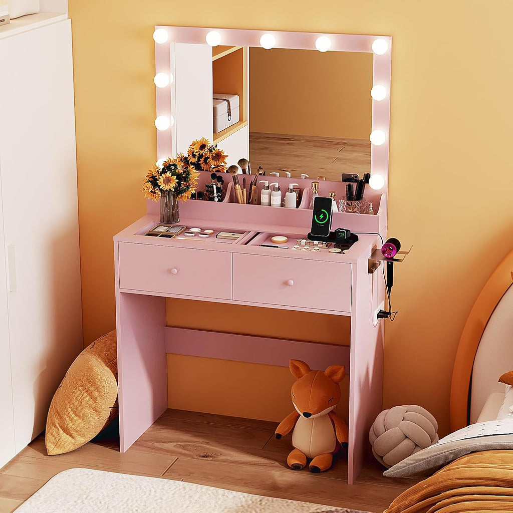 VINGLI Vanity Desk with Mirror and Adjustable Lights, Glass Top Makeup Vanity Table Built-in Power Outlets & Hairdryer Holder, Small Pink Dressing Table w/Hollywood Bulbs, Gifts for Girls, 31.5in