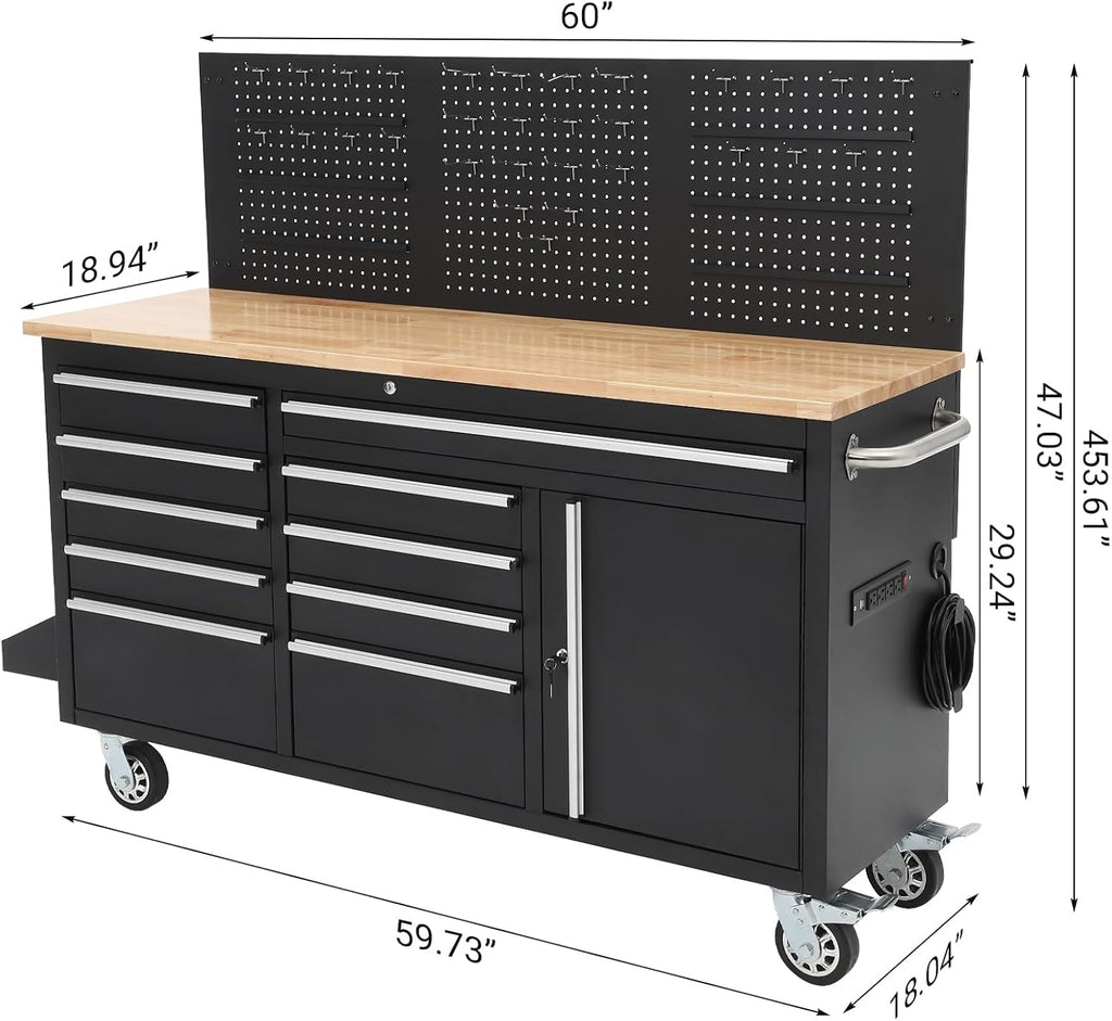 Tool Chest, 61 Inch Tool Box Mobile 9 Drawers Storage Rolling Cabinet with Wheels Lock Key Locking System Drawer Liners for Garage Warehouse Repair Shop, Black