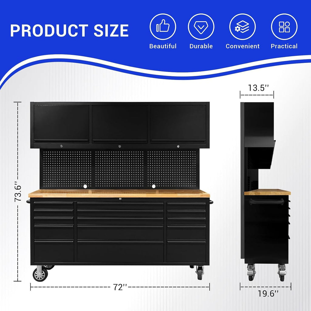 CHETTO C 72 Inch Tool Box Rolling Tool Chest 3 Upper Cabinets with 15 Storage Drawers Pegboard Large Toolbox with Wheels for Garage Warehouse Basement Home Pantry (Black)