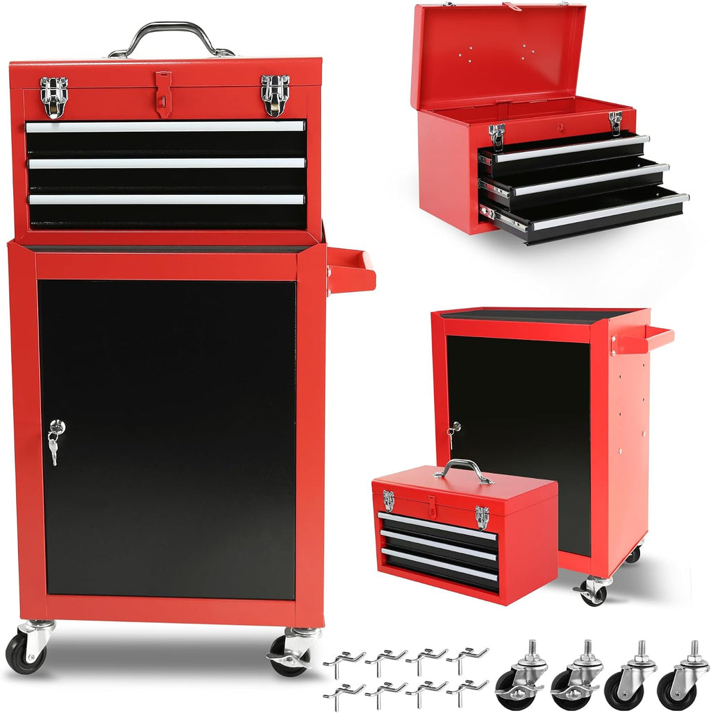 3-Drawer Rolling Tool Chest with Wheels, Tool Chest with Large Storage Cabinet and Adjustable Shelf, Removable Portable Top Box with Locking System Tool Chest for Garage, Warehouse