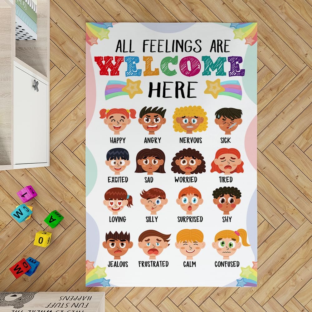 Calming Corner Classroom Rug - Feelings Chart - Coping Skills Emotions Chart Carpet - School Furniture Elementary, ABC Floor Mat Anti-Skid for School & Learning Area, Nursery Decor (8x5ft)