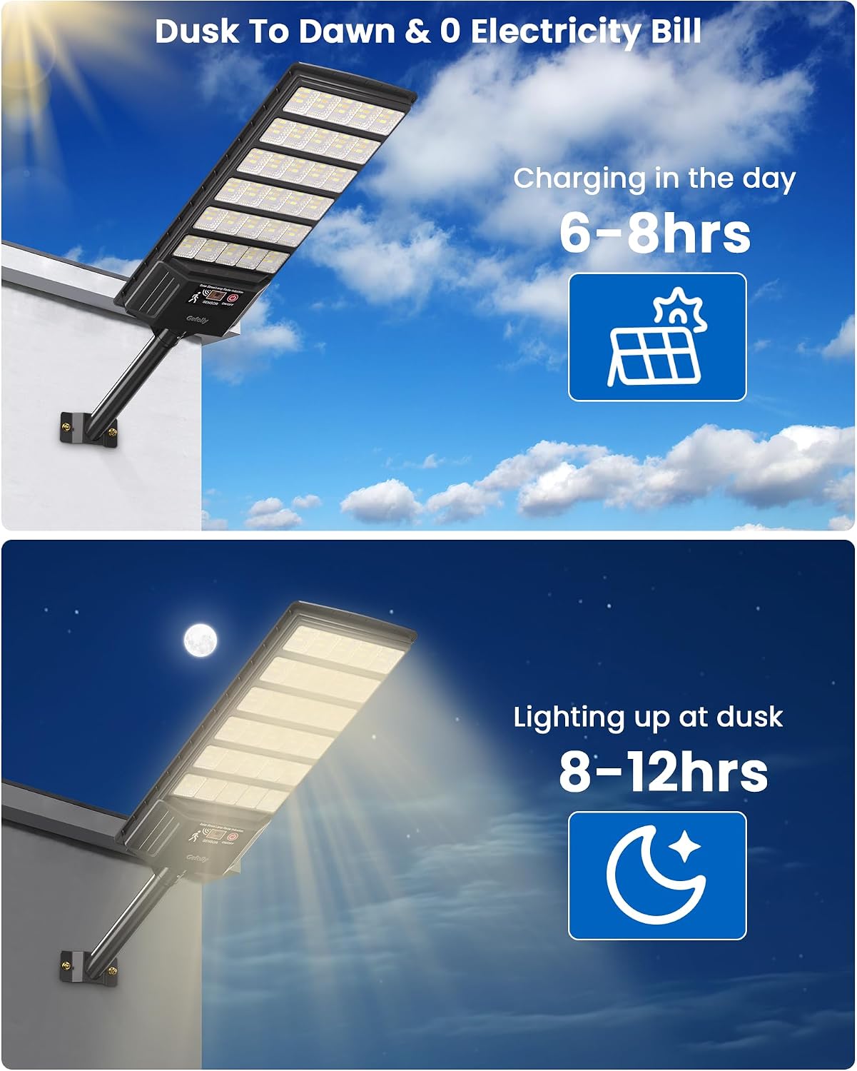Gefolly Solar Lights Outdoor, 3000K/4000K/6000K Street Lights Outdoor Dusk to Dawn, IP67 Waterproof Solar Flood Security Lights with Motion Sensor for Warehouse, Yard, Garage-2Pack