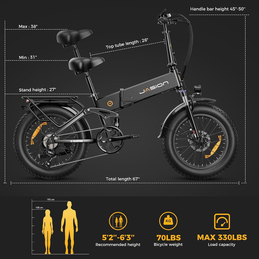 Jasion X Hunter/PRO Electric Bike for Adults,1800W/1400W Peak 20''Fat Tire Foldable Ebike,Folding E Bike Up to 80/70 Miles Range,720/624WH Removable Battery,30 MPH E Bike,Certified by UL2849