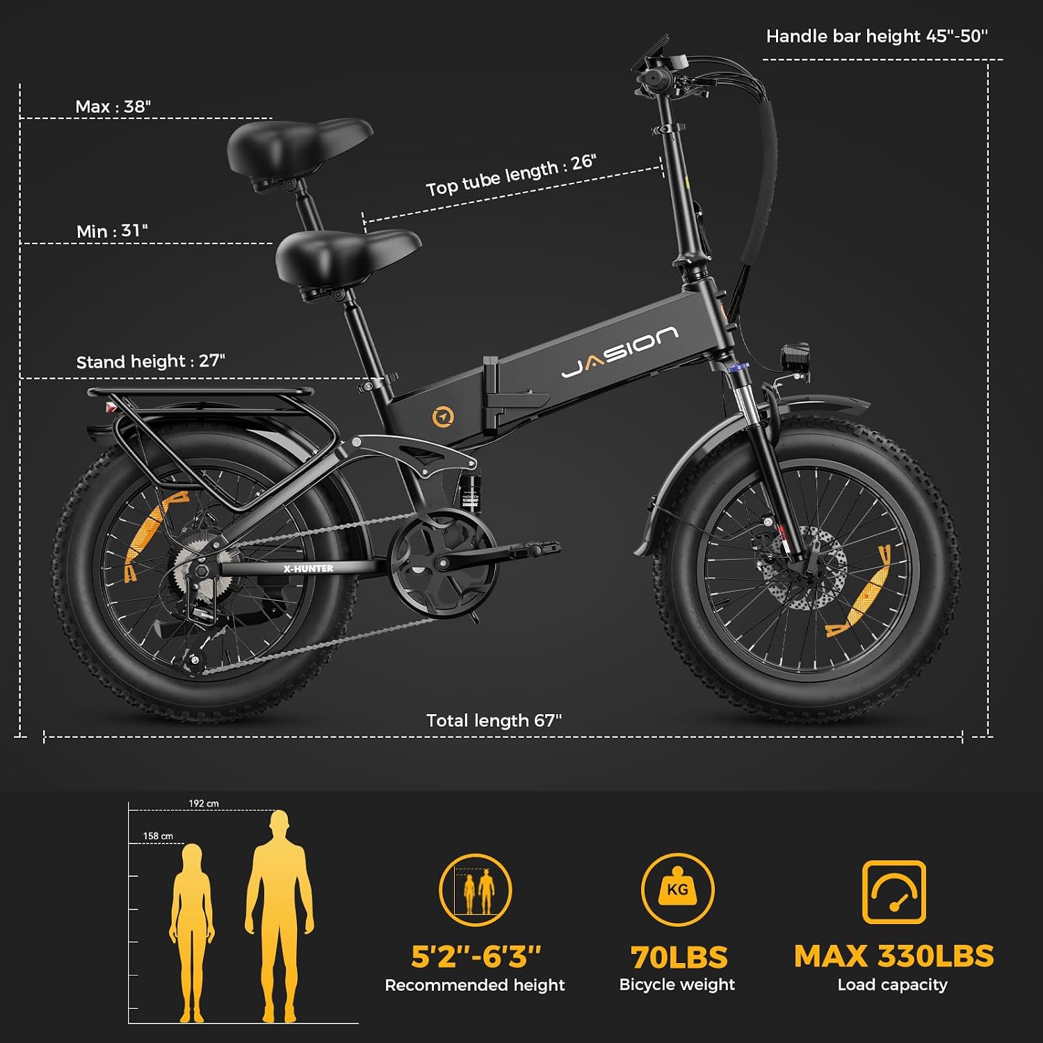 Jasion X Hunter/PRO Electric Bike for Adults,1800W/1400W Peak 20''Fat Tire Foldable Ebike,Folding E Bike Up to 80/70 Miles Range,720/624WH Removable Battery,30 MPH E Bike,Certified by UL2849