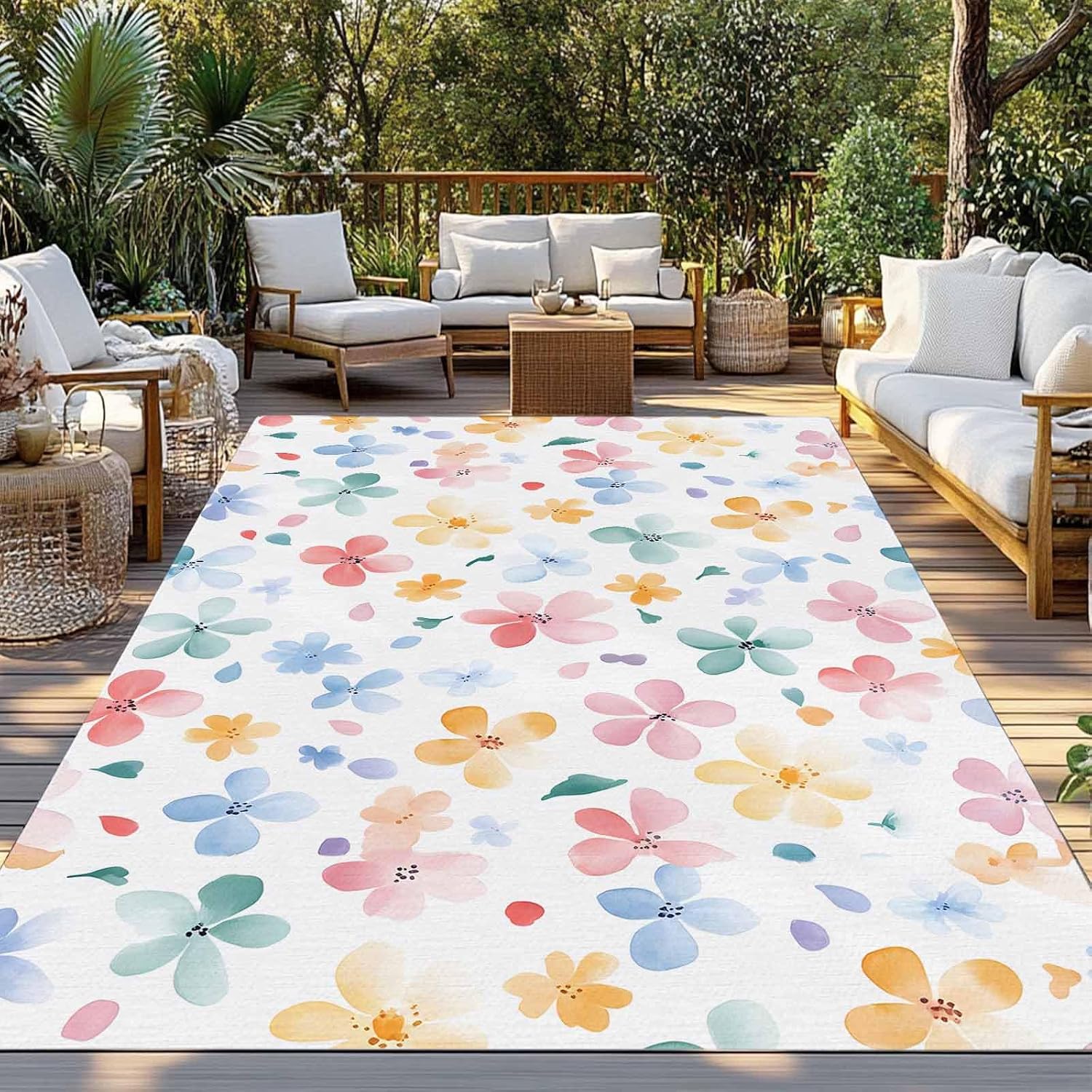 Outdoor Rug 4x6ft Spring Watercolor Pink Blue Flowers Patio Area Rugs Waterproof Easy Cleaning Non Shedding Thick Mats Floral Carpet for Indoor Outdoor Porch Deck Backyard Balcony