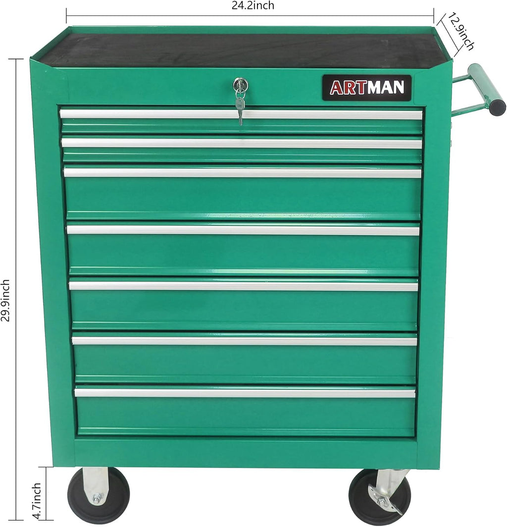 Rolling Tool Cart with 7 Drawers, Lockable Heavy-Duty Steel Tool Cabinet on Wheels, 1000 lb Capacity, Ball-Bearing Slides, Powder-Coated Finish, Garage Workshop Tool Storage Green