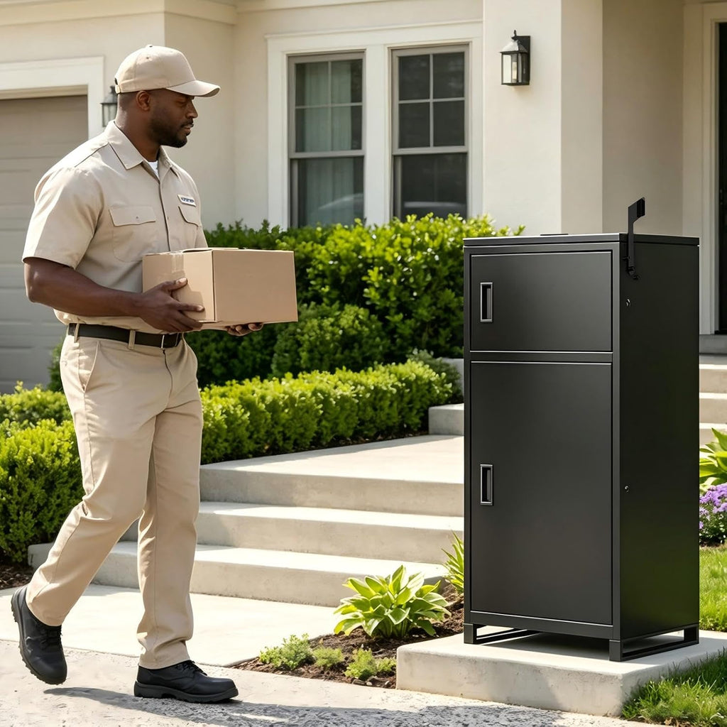 Large Outdoor Package Delivery Box with Lock | Weatherproof Anti-Theft Parcel Box | Transparent Acrylic Viewing Window for Packages for Garden, Porch, Yard | (41.5H x 16.5D x 19.7W)