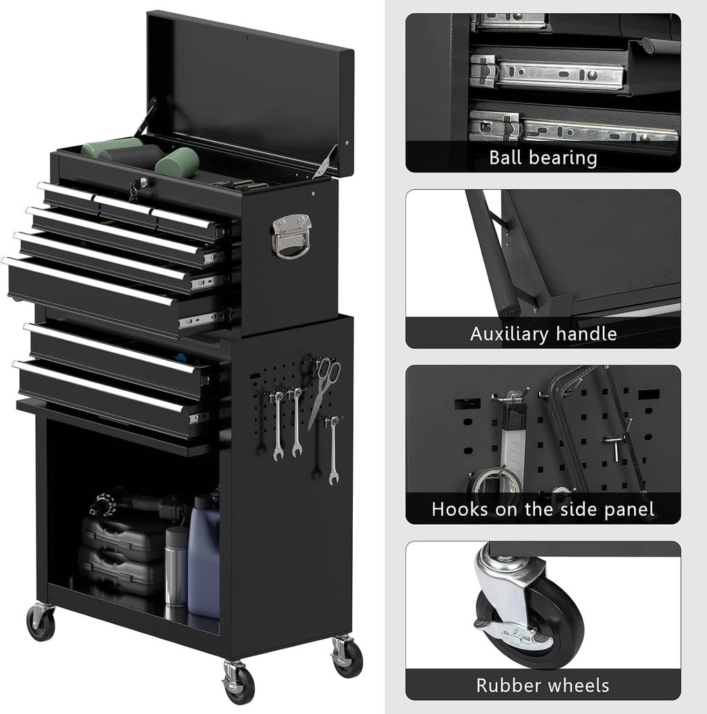 8-Drawer High Capacity Tool Chest with 4 Wheels,Lockable Rolling Tool Box and Tool Storage Cabinet,Removable Portable Set-Top Box Tool Organizer with Drawer for Garage Factory Workshop (Black)