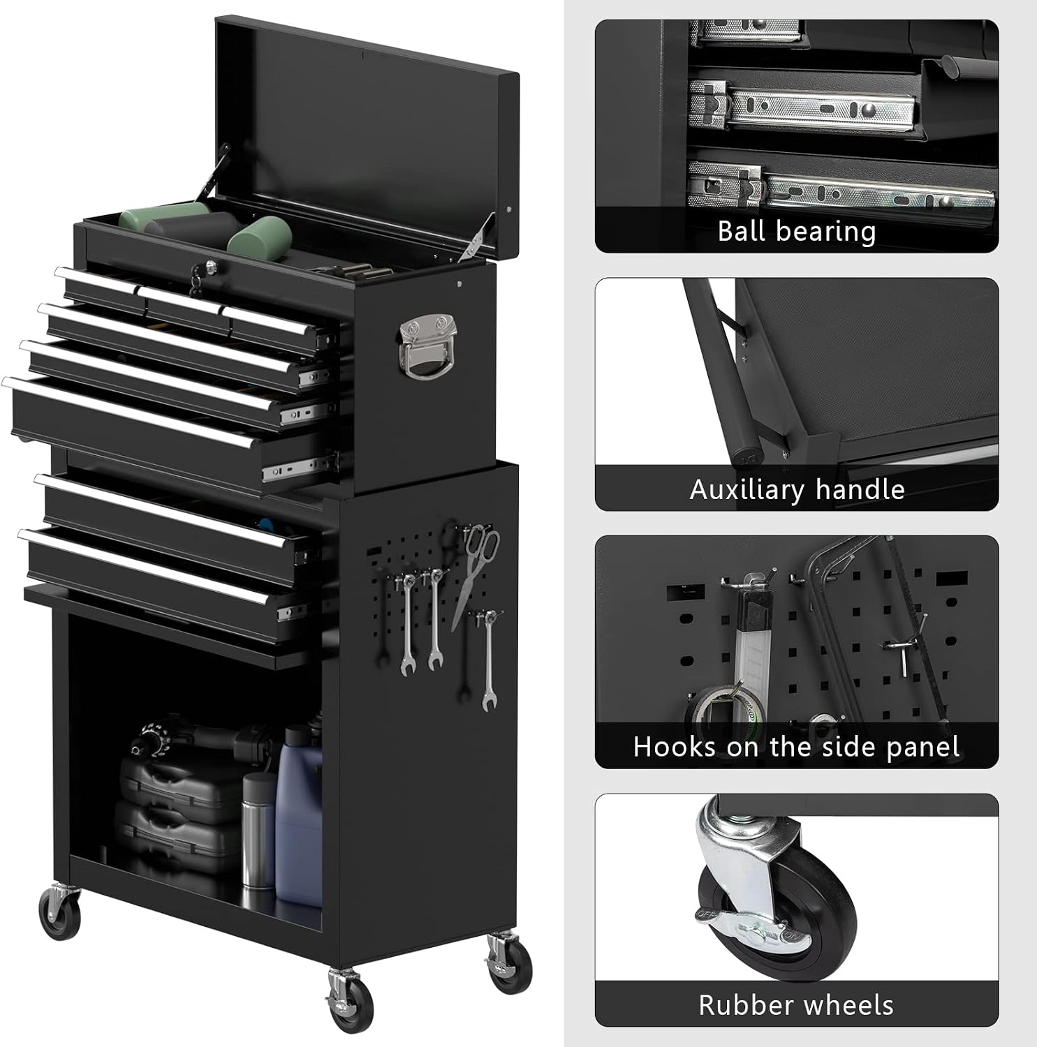 8-Drawer High Capacity Tool Chest with 4 Wheels,Lockable Rolling Tool Box and Tool Storage Cabinet,Removable Portable Set-Top Box Tool Organizer with Drawer for Garage Factory Workshop (Black)