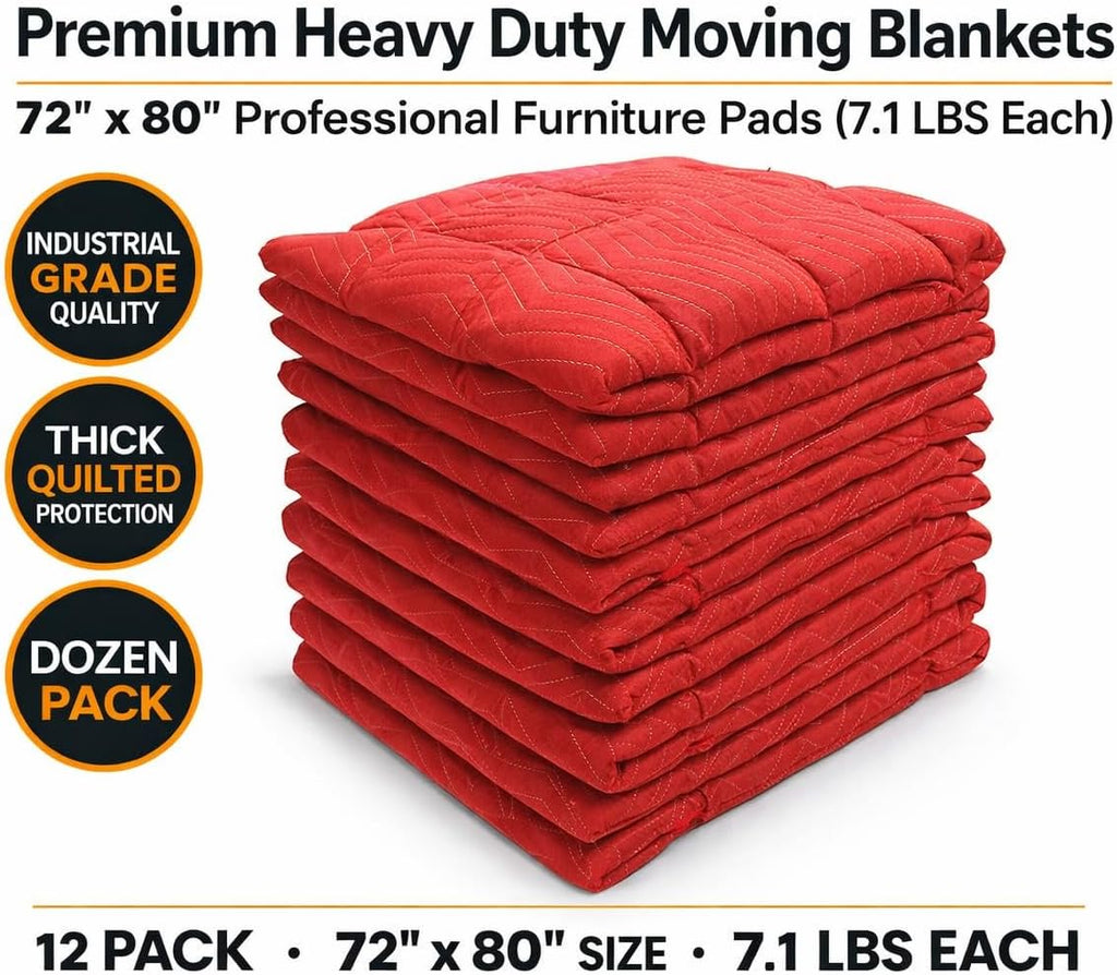Professional Heavy Duty Moving Blankets, Red, 72x80 Inches, Quilted Cotton Blend, Double Stitched, 7+ Pounds Each, 12 Pack