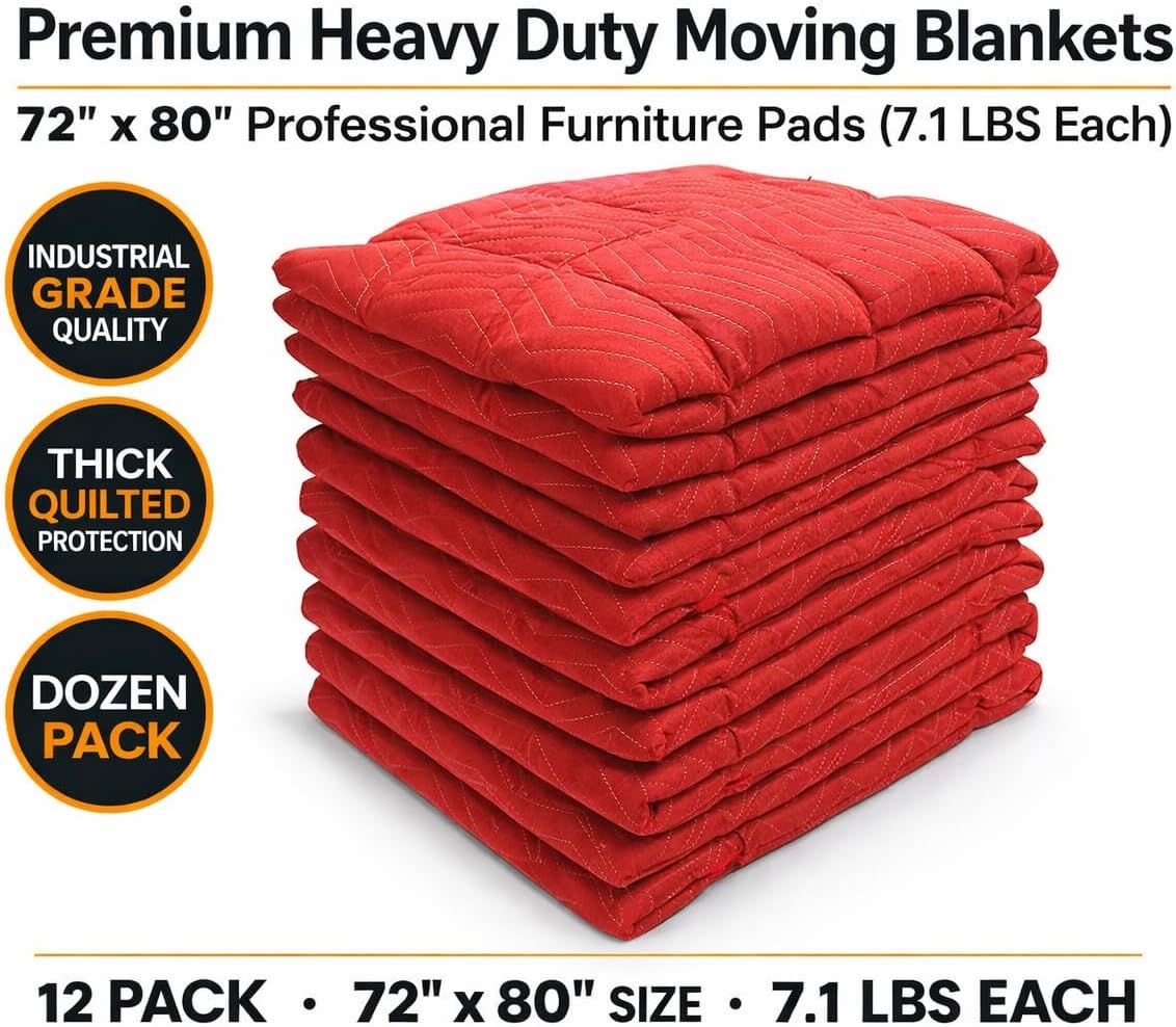 Professional Heavy Duty Moving Blankets, Red, 72x80 Inches, Quilted Cotton Blend, Double Stitched, 7+ Pounds Each, 12 Pack