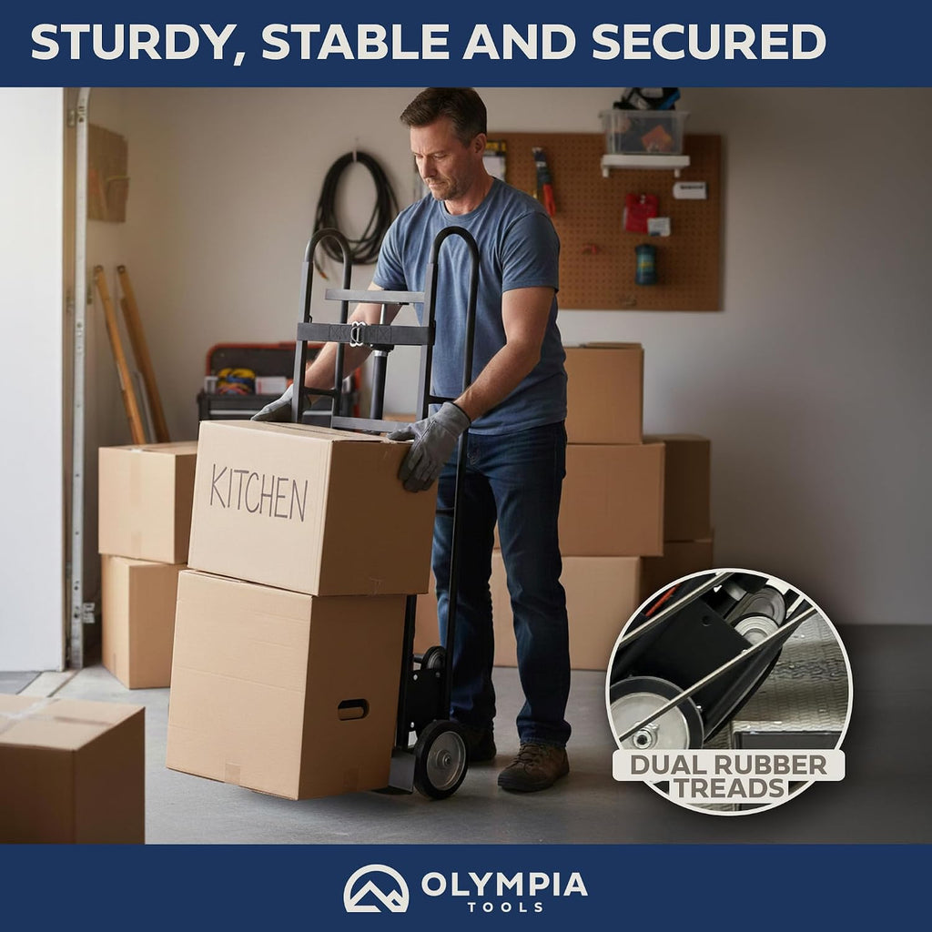 Olympia Tools 800LB Auto-Recoil Appliance Hand Truck - Moving Hand Truck with Easy-to-use Belt Tightener for Transport Large/Bulky Appliances Refrigerator Dolly - Heavy-Duty Furniture Dolly Trolley