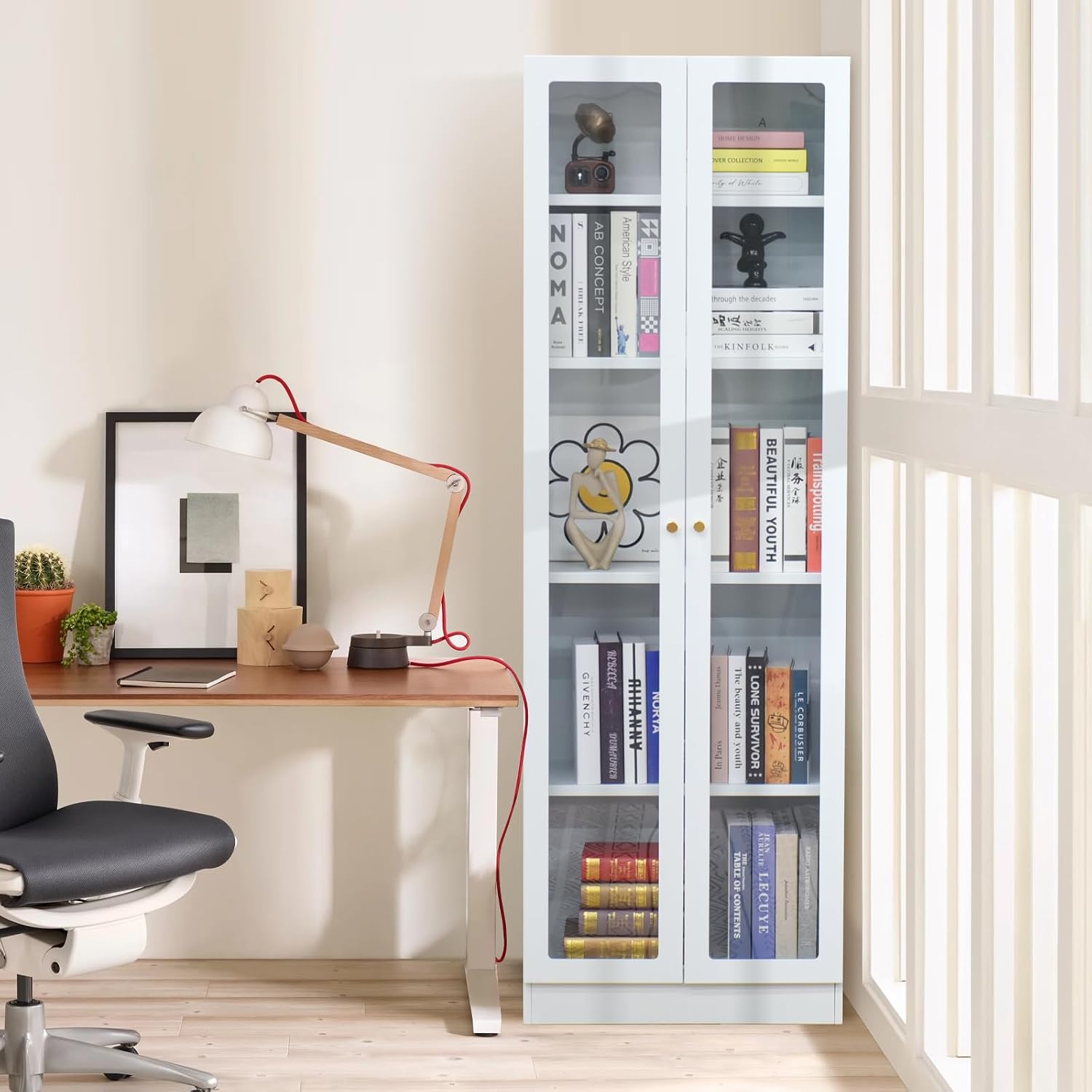 IRONMIX Modern Display Cabinet with Doors, Curio Cabinet with 4 Adjustable Shelves, 5-Tier Display Case, 71' Tall Display Shlef for Living Room, Tall Bookcase for Home Office (23.5 W, White)
