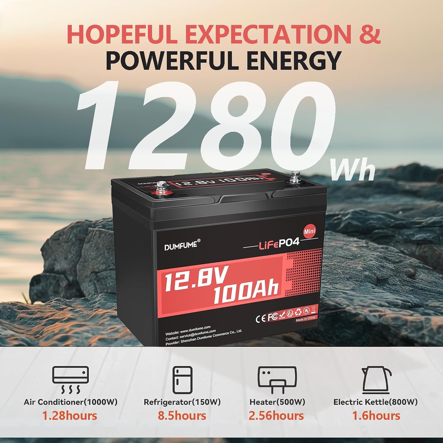 12V 100Ah Mini LiFePO4 Lithium Battery, Built-in 100A BMS,1280Wh Deep Cycle Rechargeable Battery 6000+ Cycles 10-Year Lifespan for RV, Solar, Off-Grid and Home Energy Storage