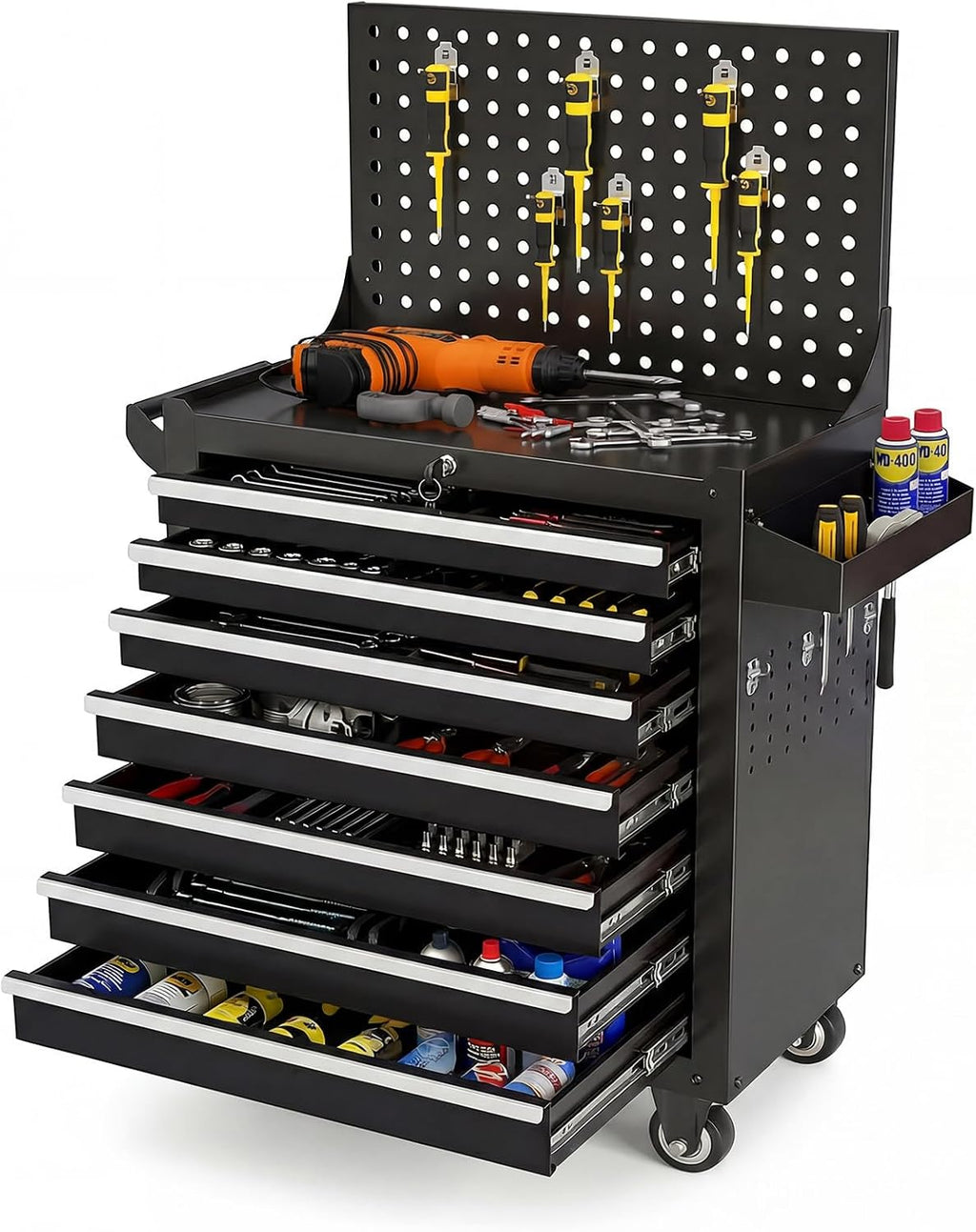 7 Drawers Rolling Tool Chest, Metal Tool Box with Wheels & Lock, Tool Drawers Garage Tool Storage Cabinets Organizer Rolling Cart Toolbox on Wheels for Garage, Workshop, Repair Shop(Assembly Required)