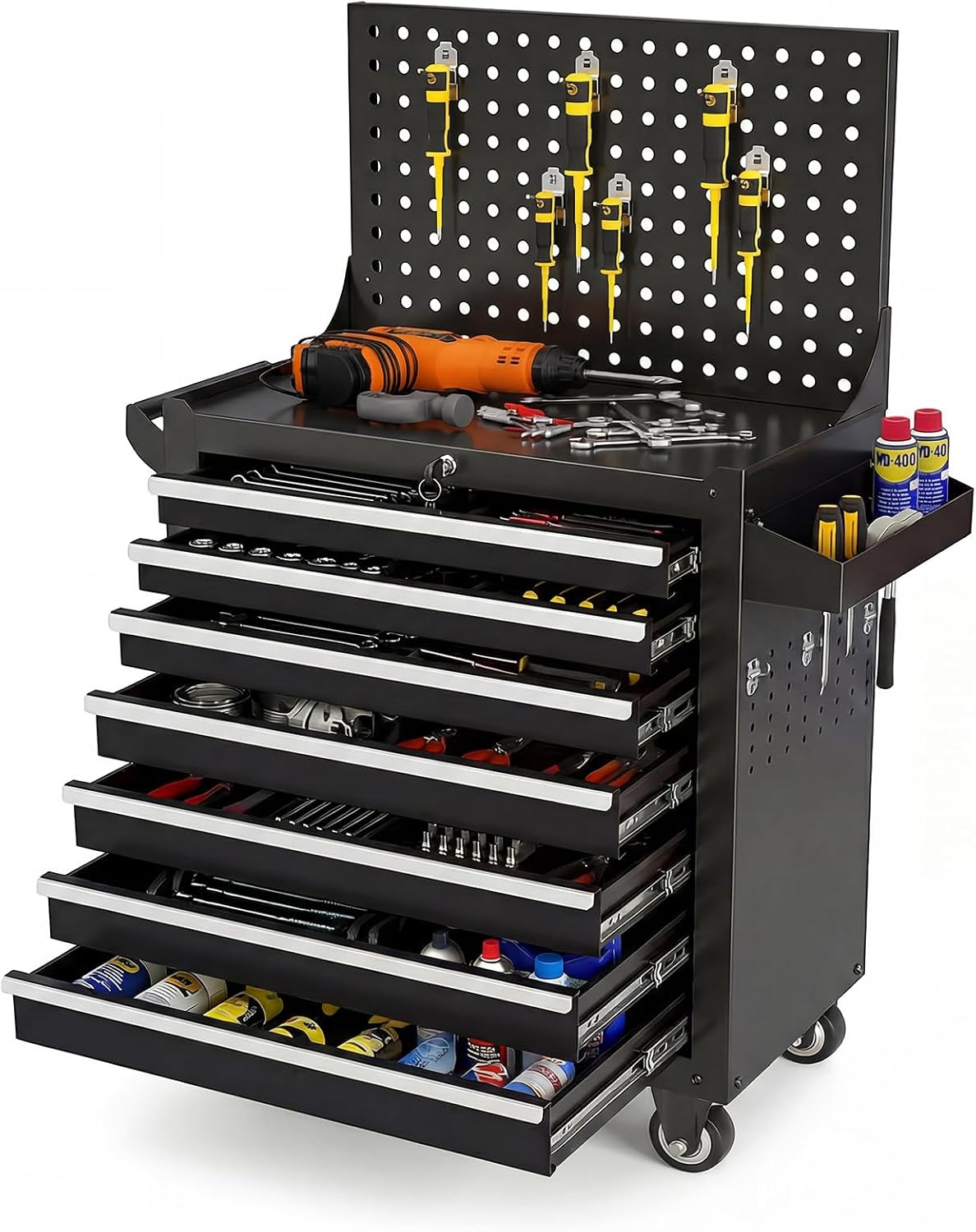 7 Drawers Rolling Tool Chest, Metal Tool Box with Wheels & Lock, Tool Drawers Garage Tool Storage Cabinets Organizer Rolling Cart Toolbox on Wheels for Garage, Workshop, Repair Shop(Assembly Required)