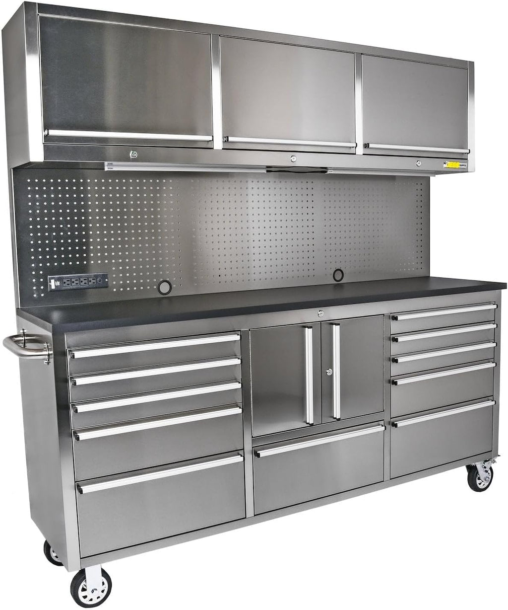 JEGS 72 in. Rolling Tool Cabinet/Toolbox. 11-Drawer with Upper Storage [Stainless Steel]