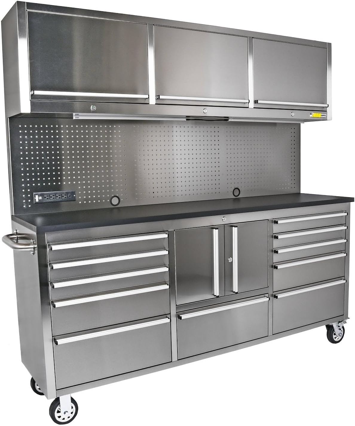 JEGS 72 in. Rolling Tool Cabinet/Toolbox. 11-Drawer with Upper Storage [Stainless Steel]