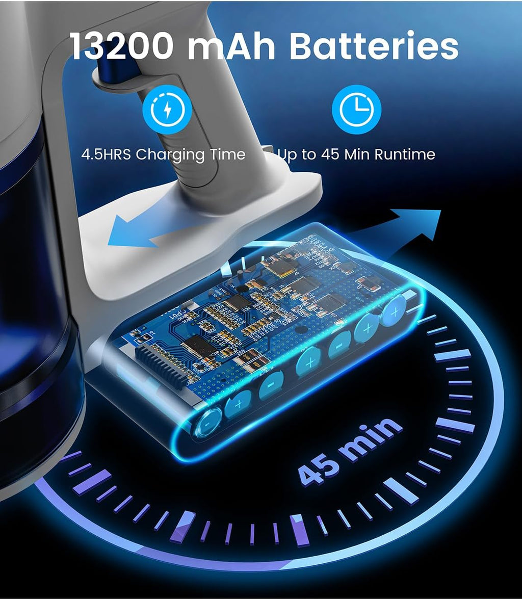 Cordless Vacuum Cleaner, 550W/45Kpa Vacuum Cleaners for Home, 60Mins Stick Vacuum with LED Display, Anti-Tangle & Wall Mount Charging, 8 in 1 Lightweight Vacuum for Hard Floors Carpet Pet Hair