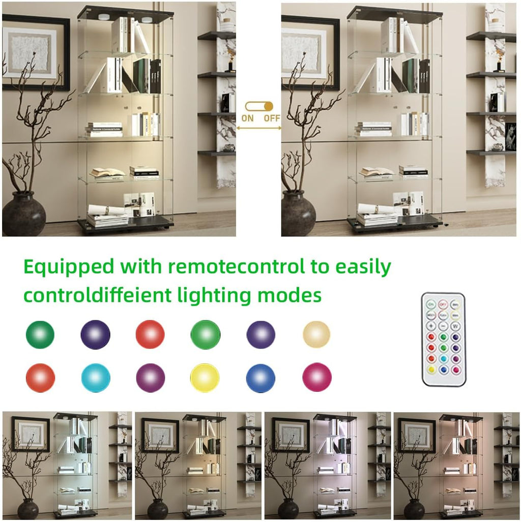 64.69' Tall Tempered Glass Display Cabinet with LED Lights, Curio Cabinet with 5 Shelves with 2 Door, Quick-Install Style Floor Standing Bookshelf File Cabinet for Living Room Office
