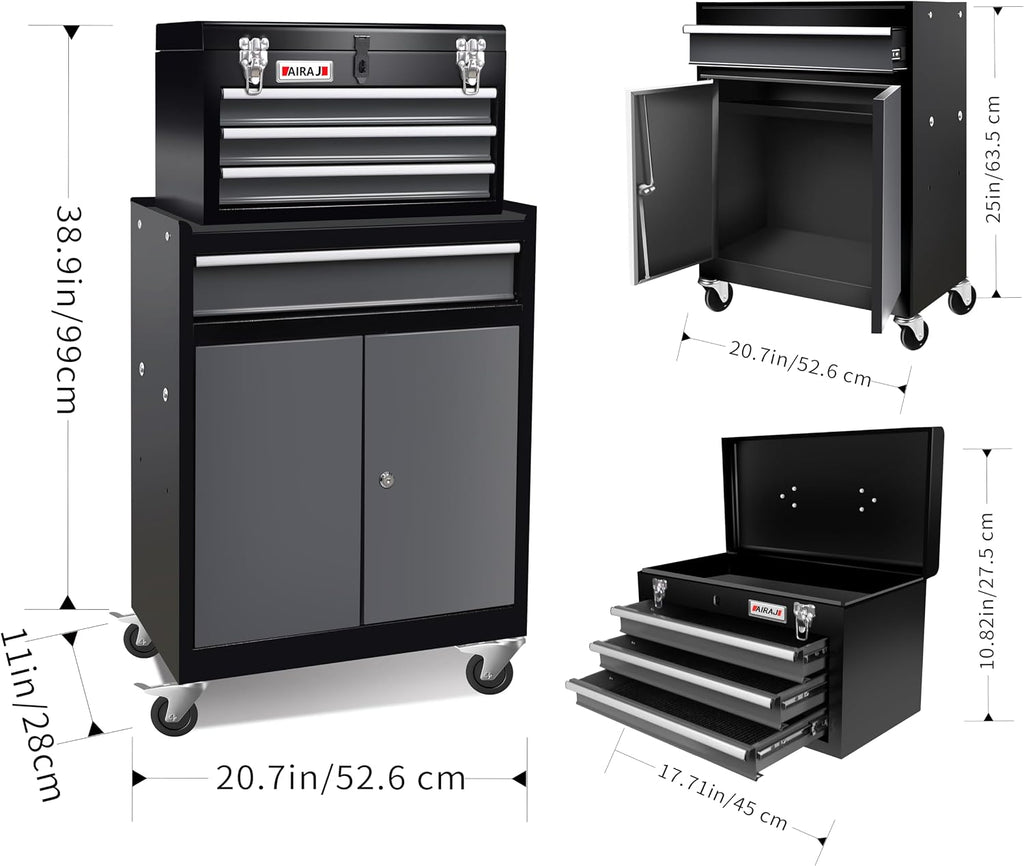 Rolling Tool Chest with Wheels,Double Door 4-Drawer Metal Tool Box,2 in 1 Detachable Tool Cabinets with Locking System for Garage,Warehouse,Workshop, High Capacity Tool Chest with Liners