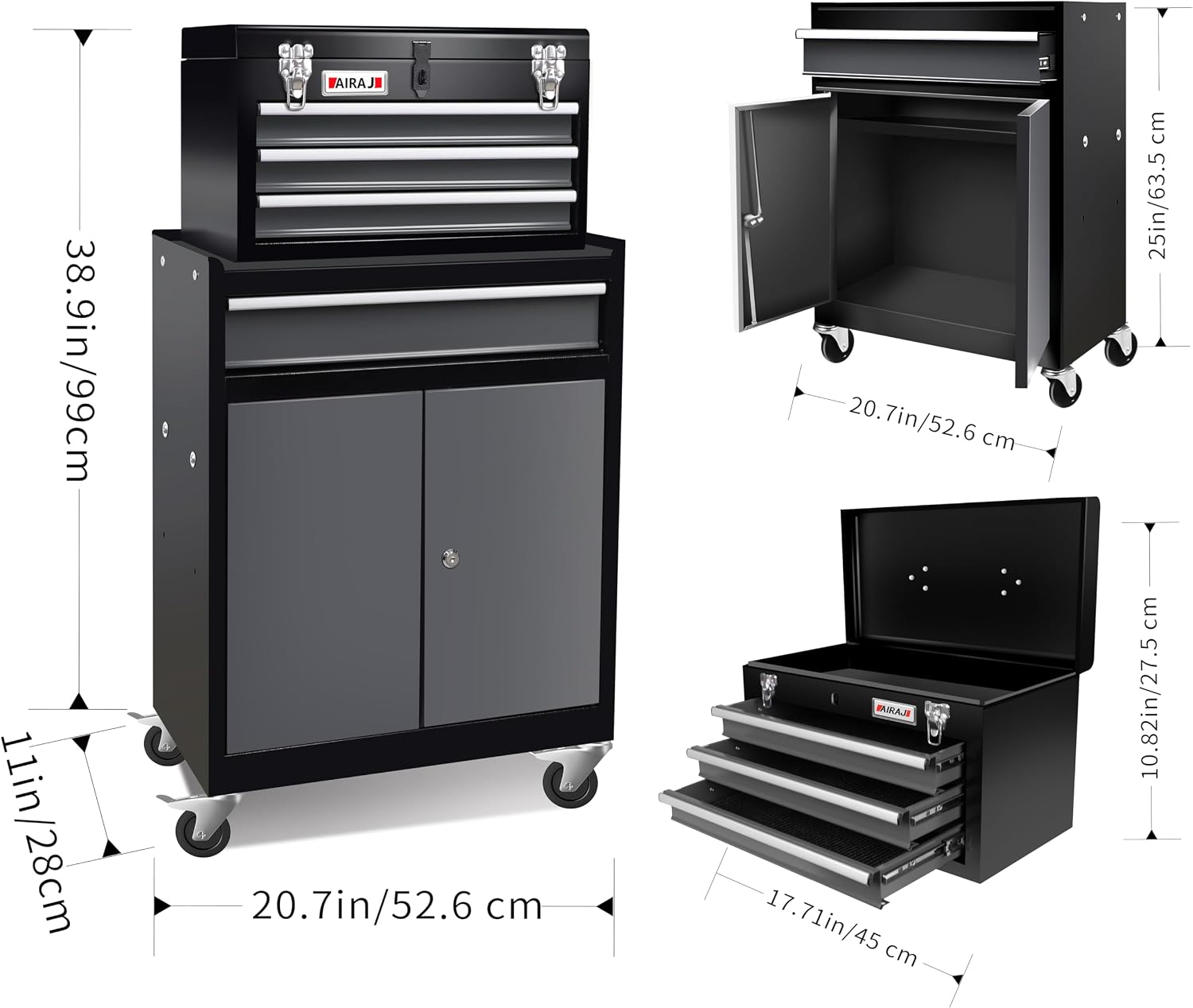 Rolling Tool Chest with Wheels,Double Door 4-Drawer Metal Tool Box,2 in 1 Detachable Tool Cabinets with Locking System for Garage,Warehouse,Workshop, High Capacity Tool Chest with Liners