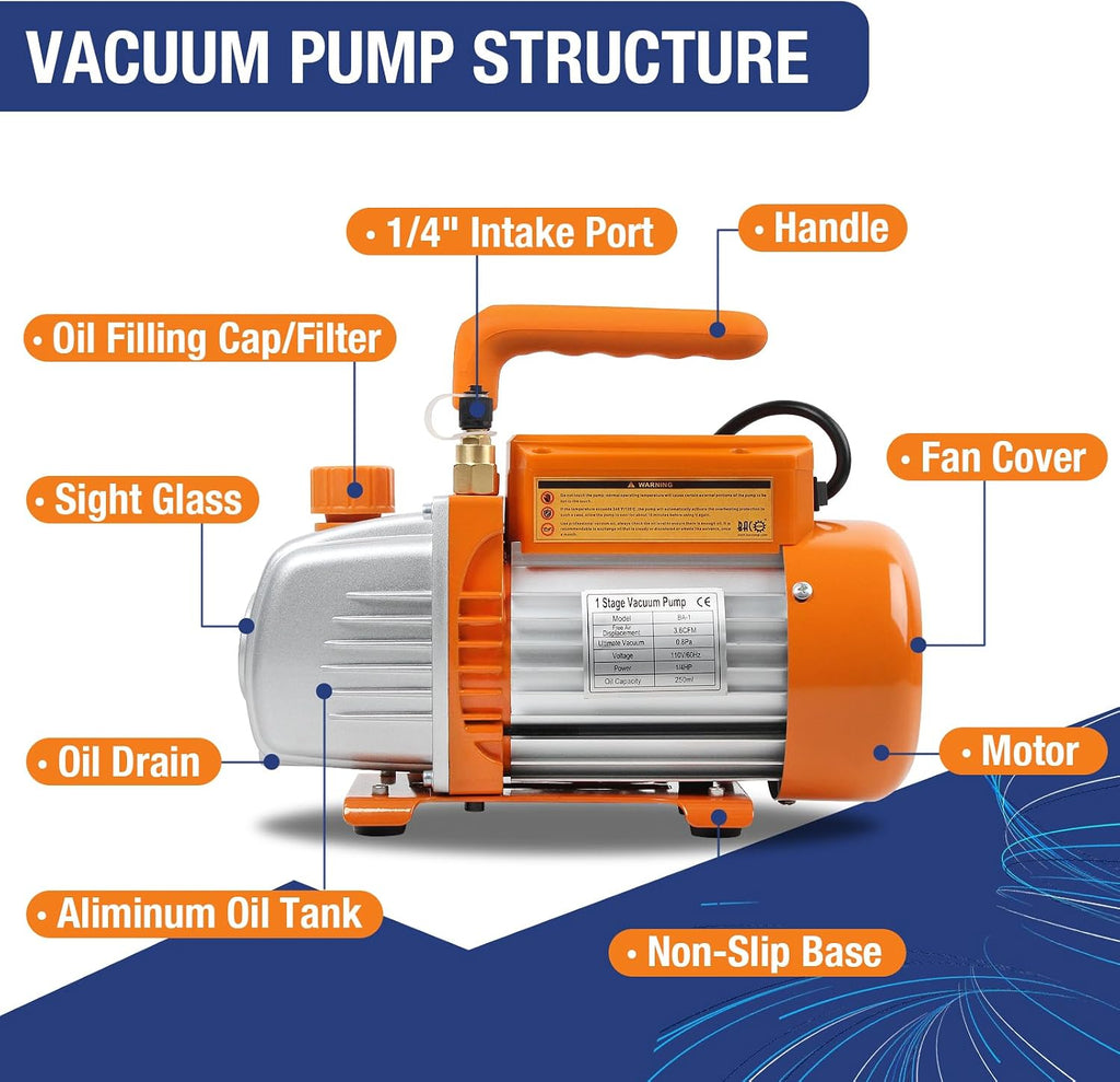 BACOENG 3.6CFM AC Vacuum Pump and Gauge Set - Home Mini Split Vacuum Pump Kit for R410A Refrigerants - w/ R410a Mini Split Adapter & 3x5FT Hoses