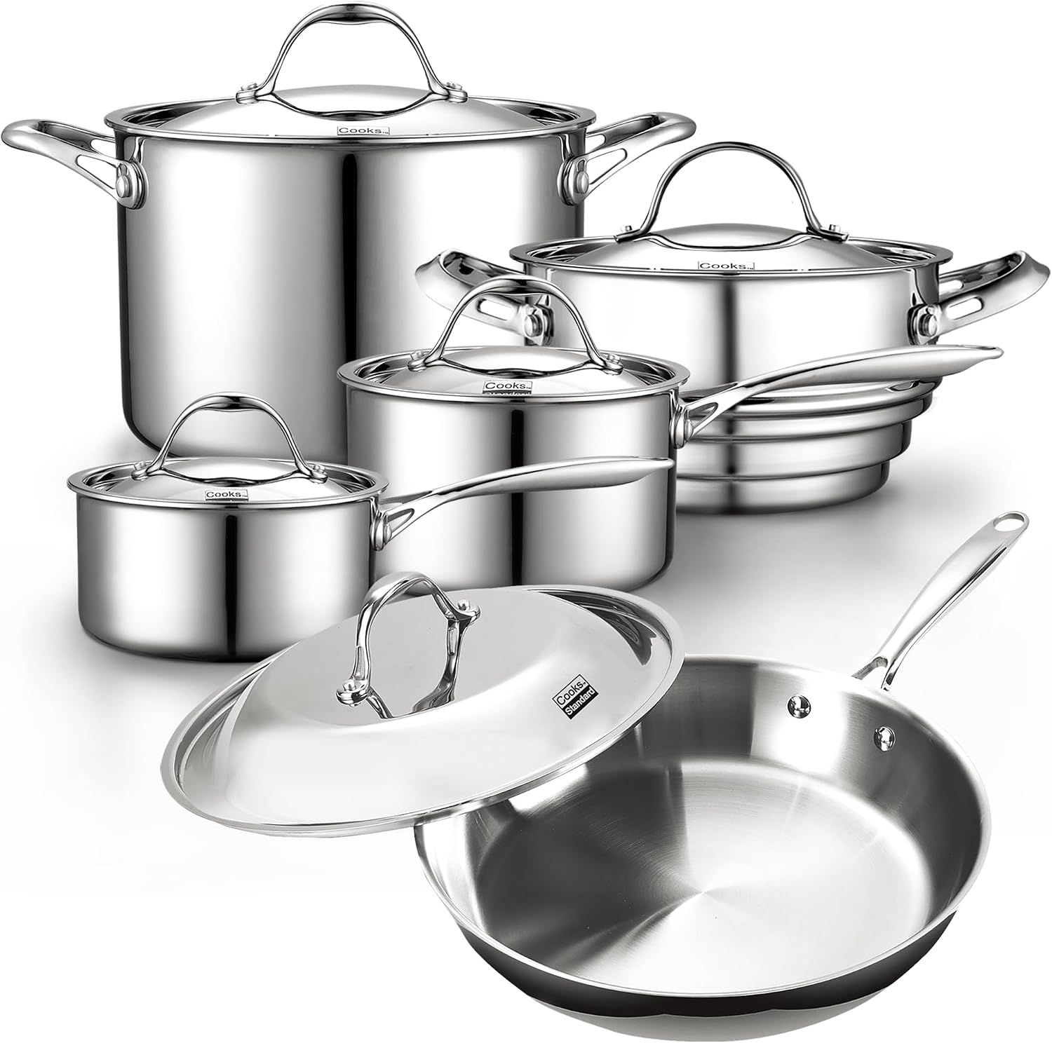 Cooks Standard Multi-ply Clad Stainless Steel Cookware Set, Includes Saucepans, Steamer, Stockpot, Frying Pans with Lids, Induction Compatible, Dishwasher Safe, Oven Safe, 10-Piece