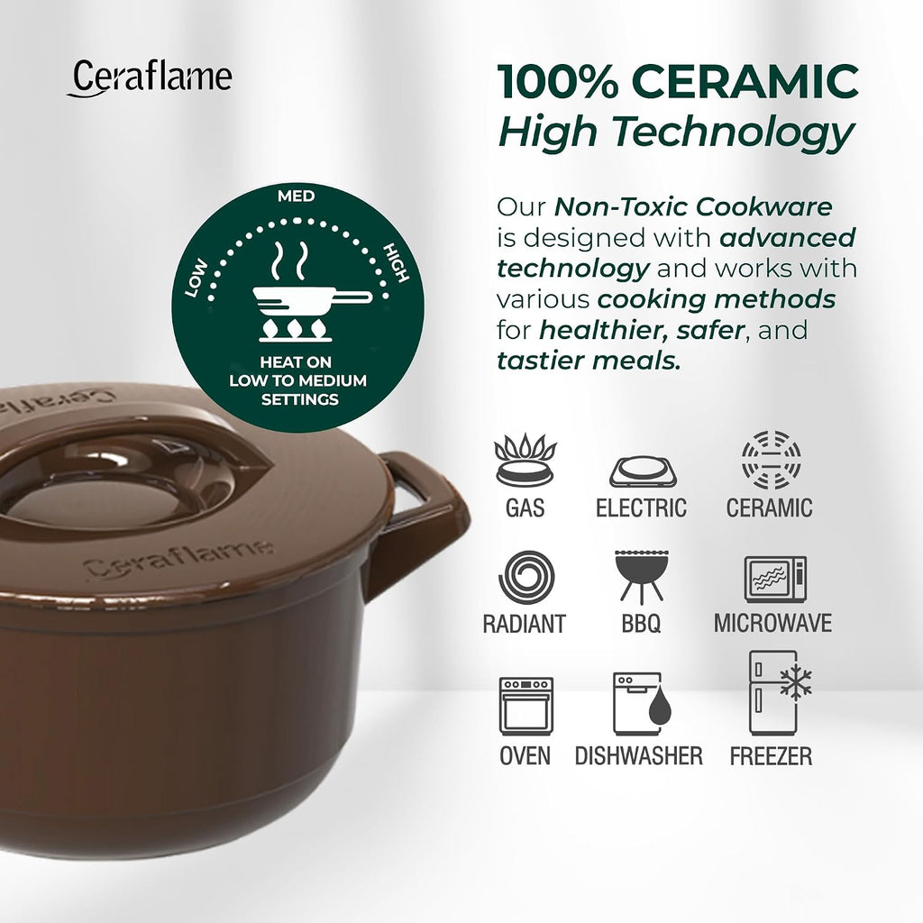 Pure Ceramic, Healthy, Non Toxic Cookware Set - Oven Safe Up to 1200F, Microwave and Dishwasher Safe, Longlasting and Lightweight - PFAS, PTFE, PFOA, PFOS - Cocoa Brown