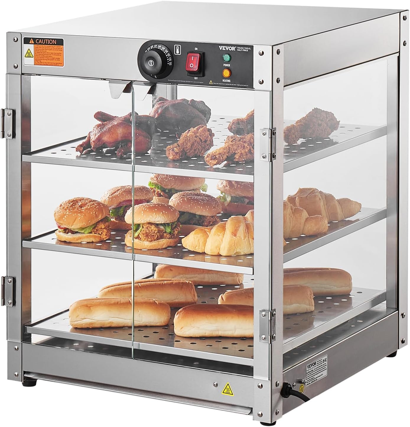 VEVOR 3-Tier Commercial Food Warmer Display, 800W Food Display Warmer with Light to Enhance Food Display, 86℉~185℉ Temperature Control, 90L Large Capacity for Hamburger, Pizza, Bread, Fried Chicken