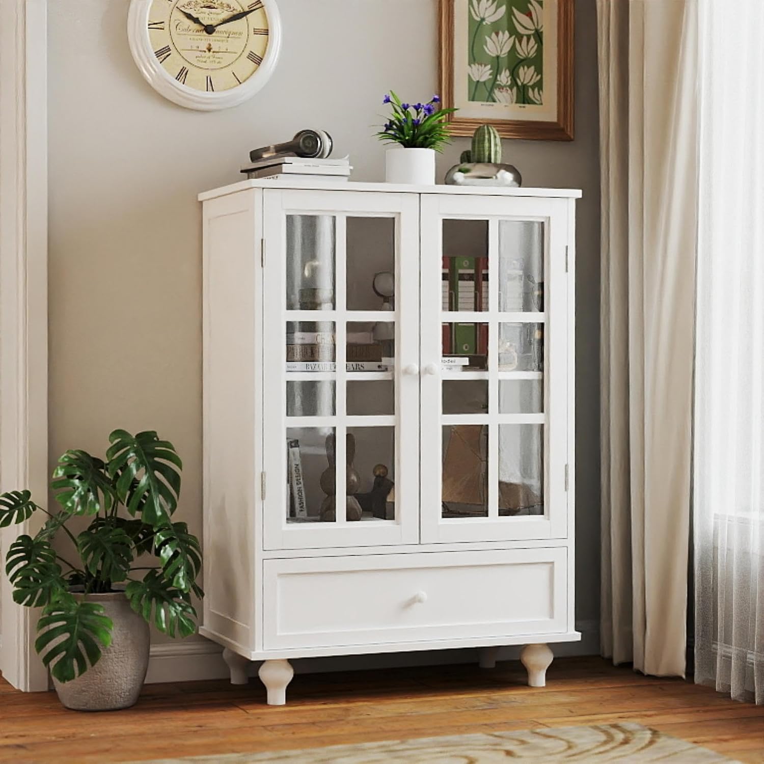 KEIKI Sideboard Buffet Cabinet with Glass Doors and Drawer, Wooden Storage Cabinet with Adjustable Shelf Modern Display Cabinet Cupboard for Living Room, Dining Room, Kitchen, Hallway, White