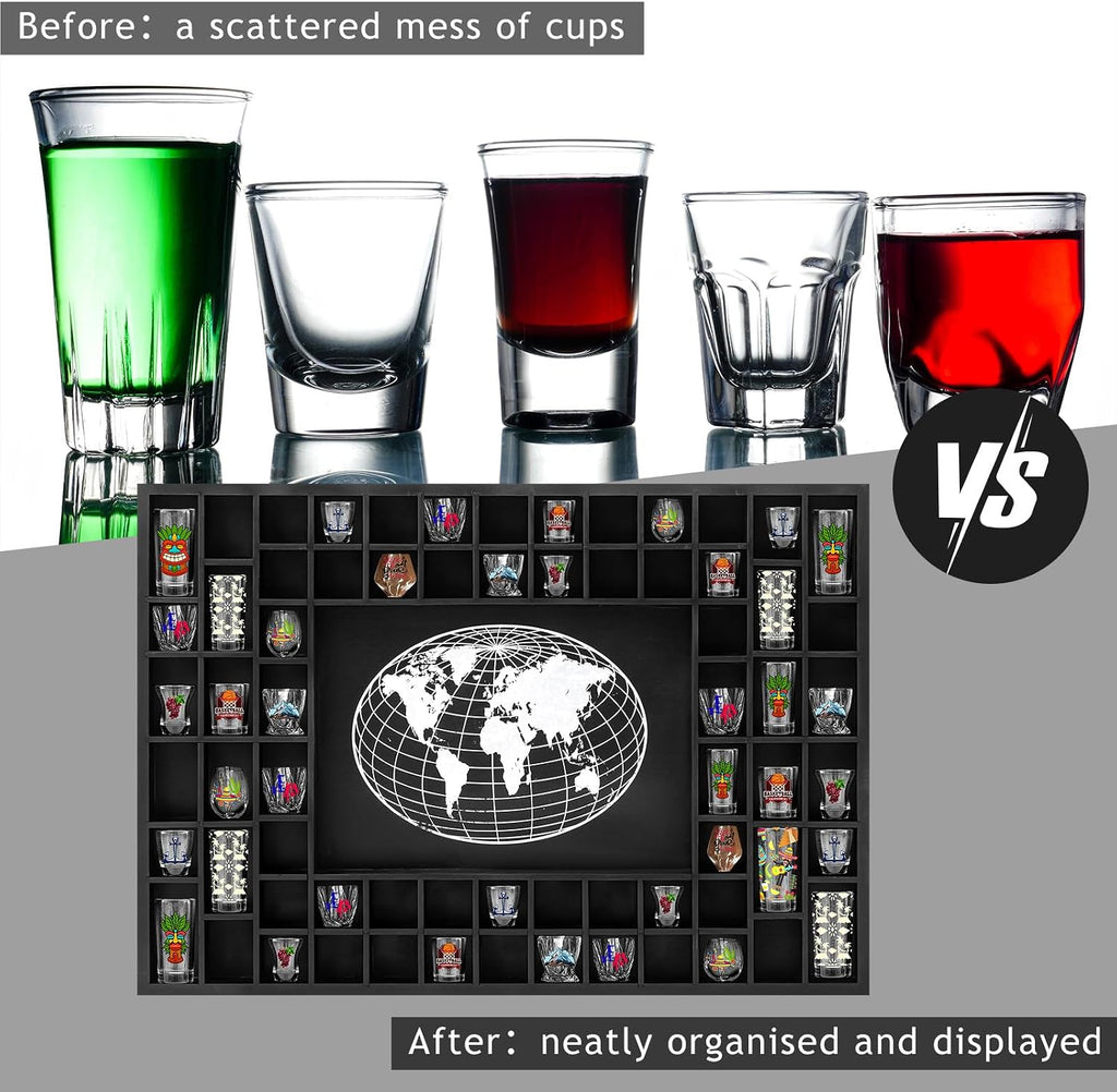GlikCeil Large World Map 68 Slots Shot Glass Display Case 40 x 28'' Rustic Wood Shot Glass Holder for 7 Sizes Wineglass Bar Shelf Organizer Wall Mount Storage Shadow Cabinet Decor (Black)