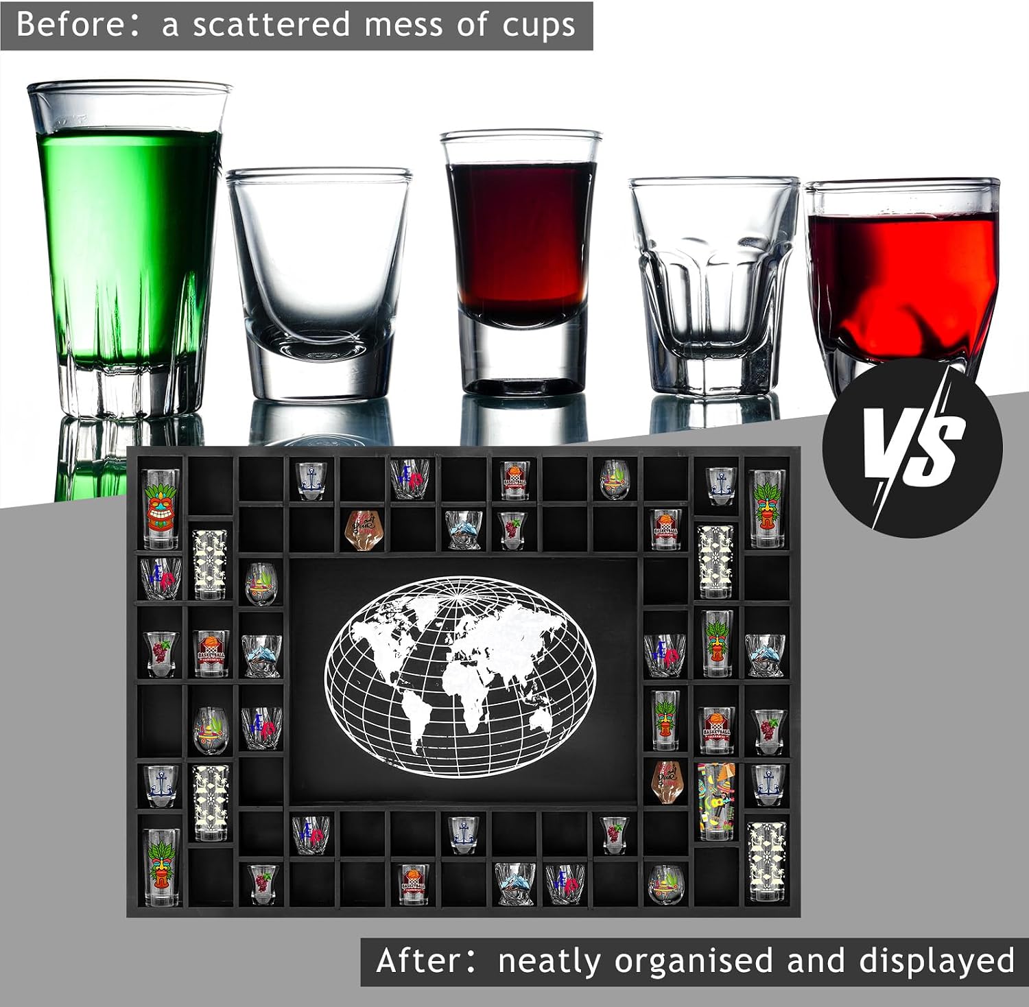 GlikCeil Large World Map 68 Slots Shot Glass Display Case 40 x 28'' Rustic Wood Shot Glass Holder for 7 Sizes Wineglass Bar Shelf Organizer Wall Mount Storage Shadow Cabinet Decor (Black)