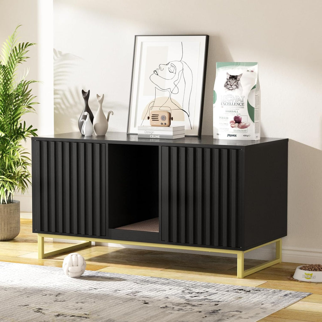 Double Litter Box Enclosure,Modern Cat Litter Box Enclosure for 2 Cats, Hidden Litter Box with Cat Scratch Pad, Cat Washroom Cat House End Table, Entryway Bench for Livingroom (Black)