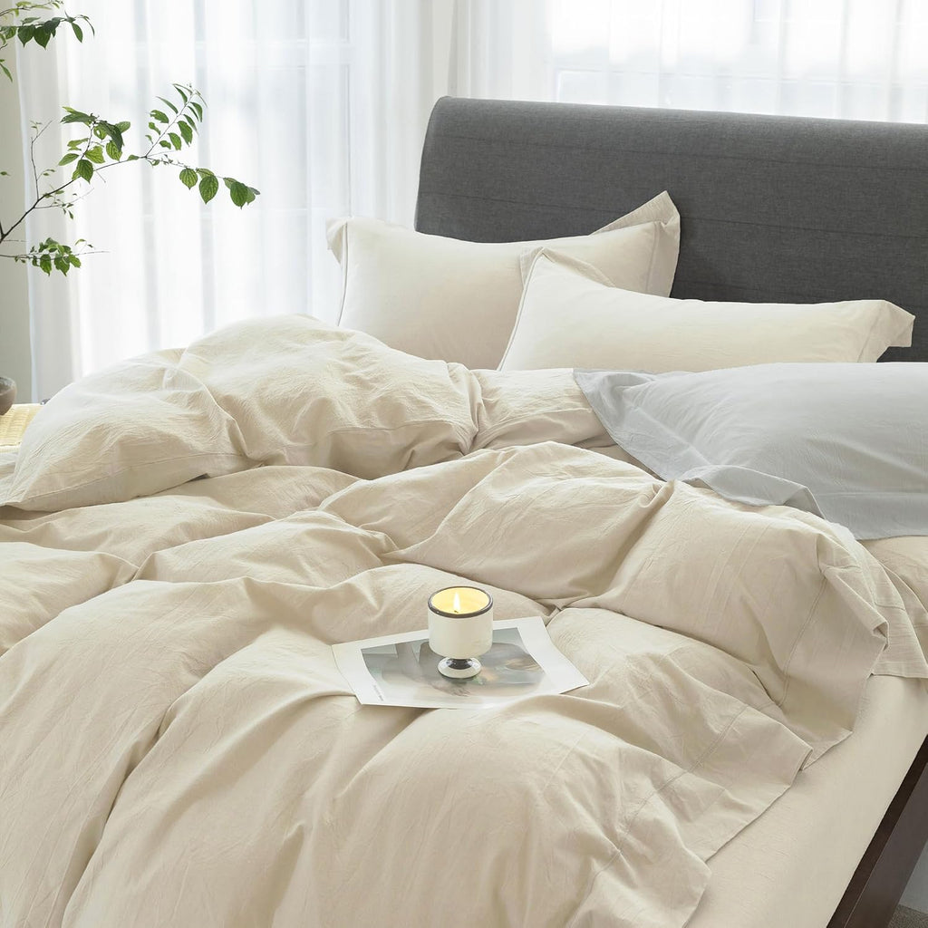 Cooling Duvet Cover Set 3 Pieces-100% Washed Cotton with Chic Wide Trim Design Linen Like Textured Ultra Soft Cozy Bedding with Zipper Closure(Hemmed Almond Grey,Oversized King 120'x98')