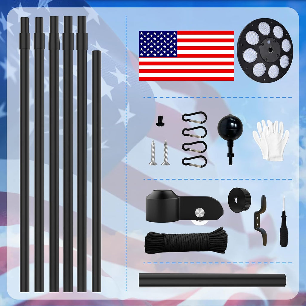 MXQMKL 25FT Heavy Duty Flagpoles Kit with 136 LED Solar Light,12 Gauge Extra Thick Flag Pole for Outside House in Ground for Outdoor with 3x5 American Flag for Outside Ip67 Waterproof,Black