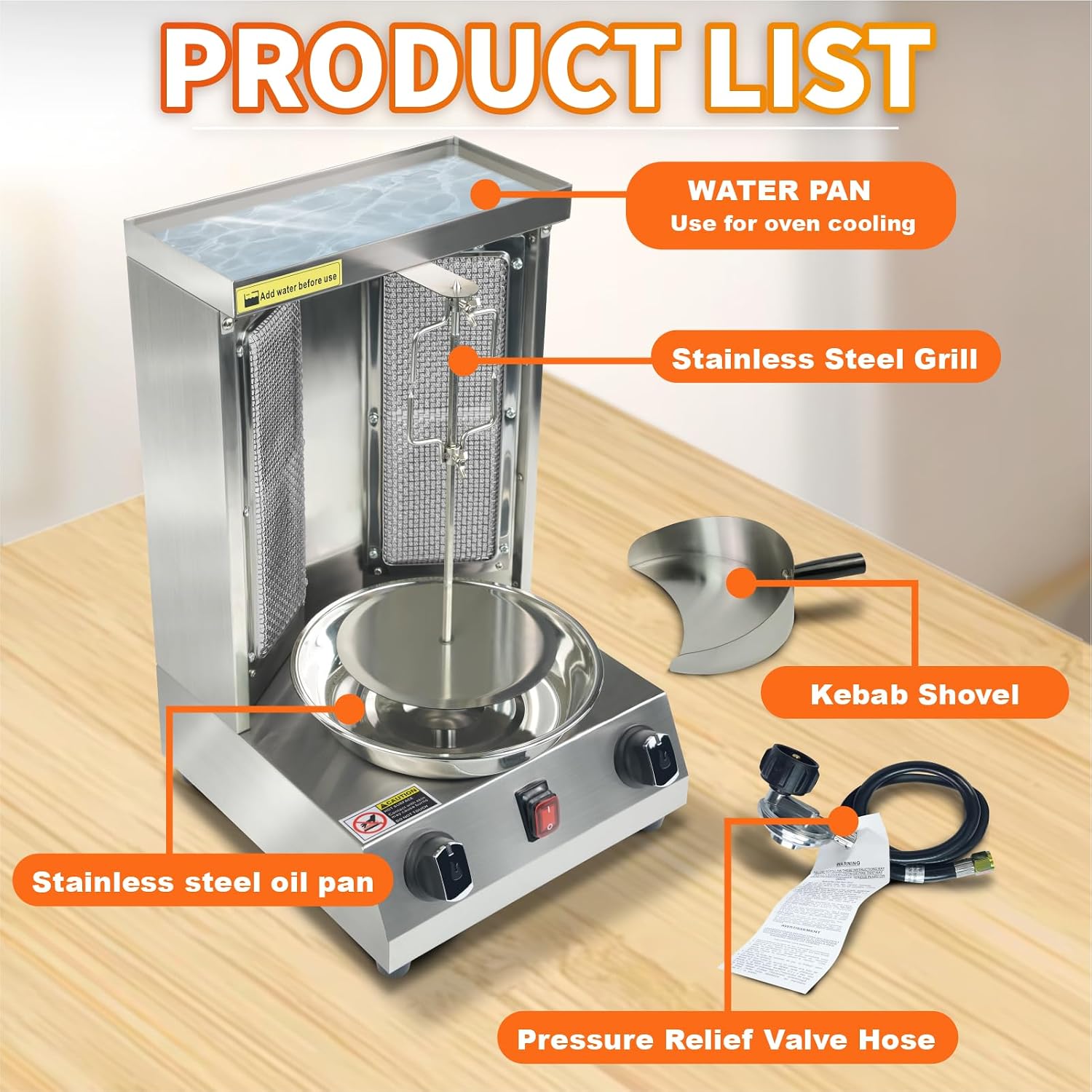 Shawarma Grill Machine - 15 lbs Capacity, Gas Vertical Rotisserie with 2 Burner, Stainless Steel Rotating Doner Kebab Gyro Meat Machine for Home, Kitchen