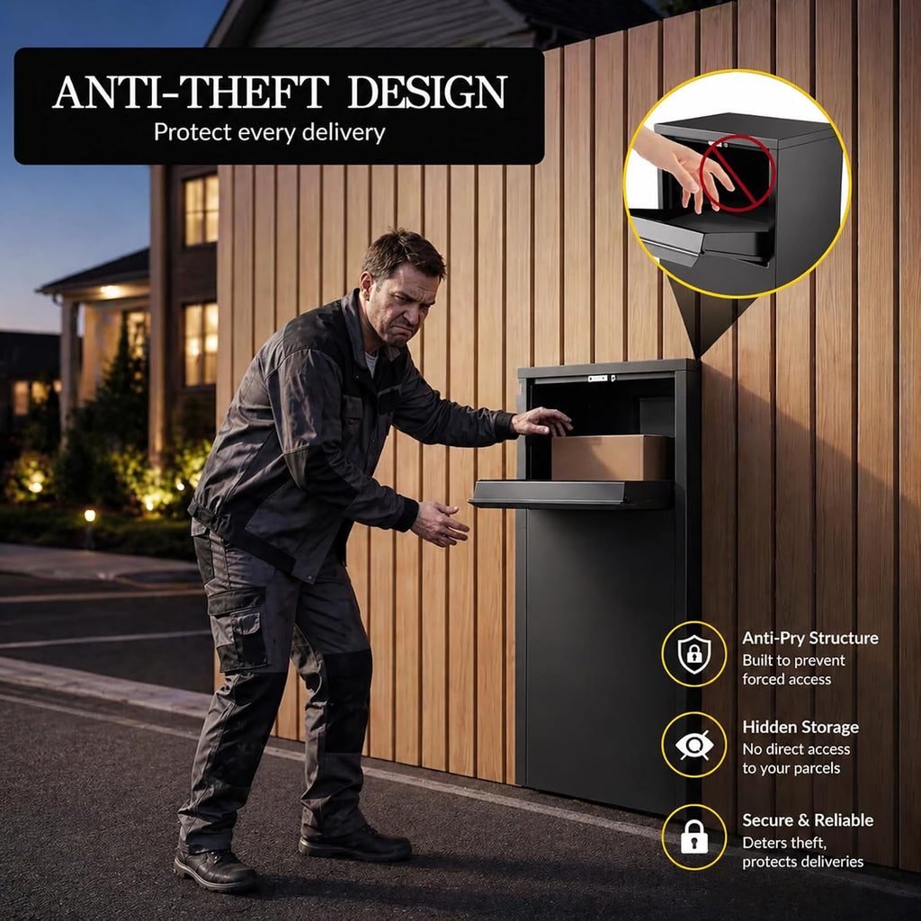 Merapi Large Anti-Theft Package Delivery Box for Outside 43.3' * 18.3' * 14.0' Lockable Parcel Drop Box No Assembly Required Weatherproof Steel Storage for Porch Curbside House – Black