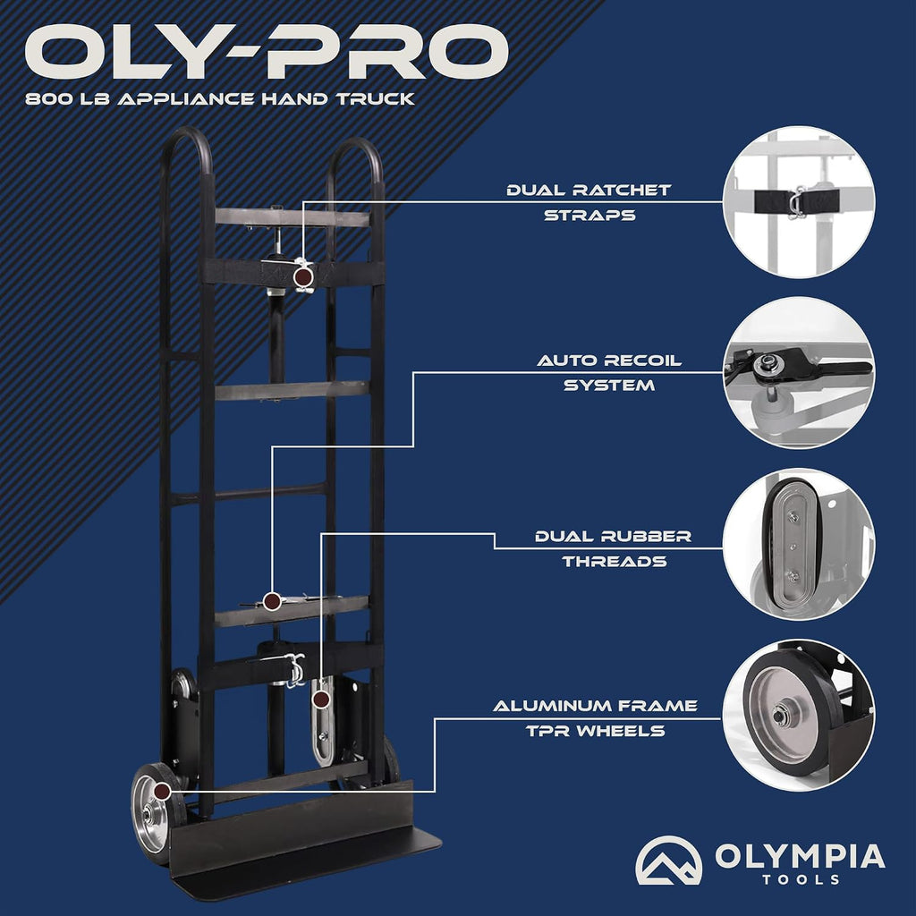Olympia Tools 800LB Auto-Recoil Appliance Hand Truck - Moving Hand Truck with Easy-to-use Belt Tightener for Transport Large/Bulky Appliances Refrigerator Dolly - Heavy-Duty Furniture Dolly Trolley