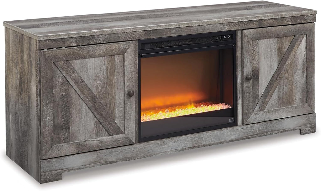 Signature Design by Ashley Wynnlow Farmhouse 63' TV Stand for TVs up to 72' with Electric Fireplace, Light Gray