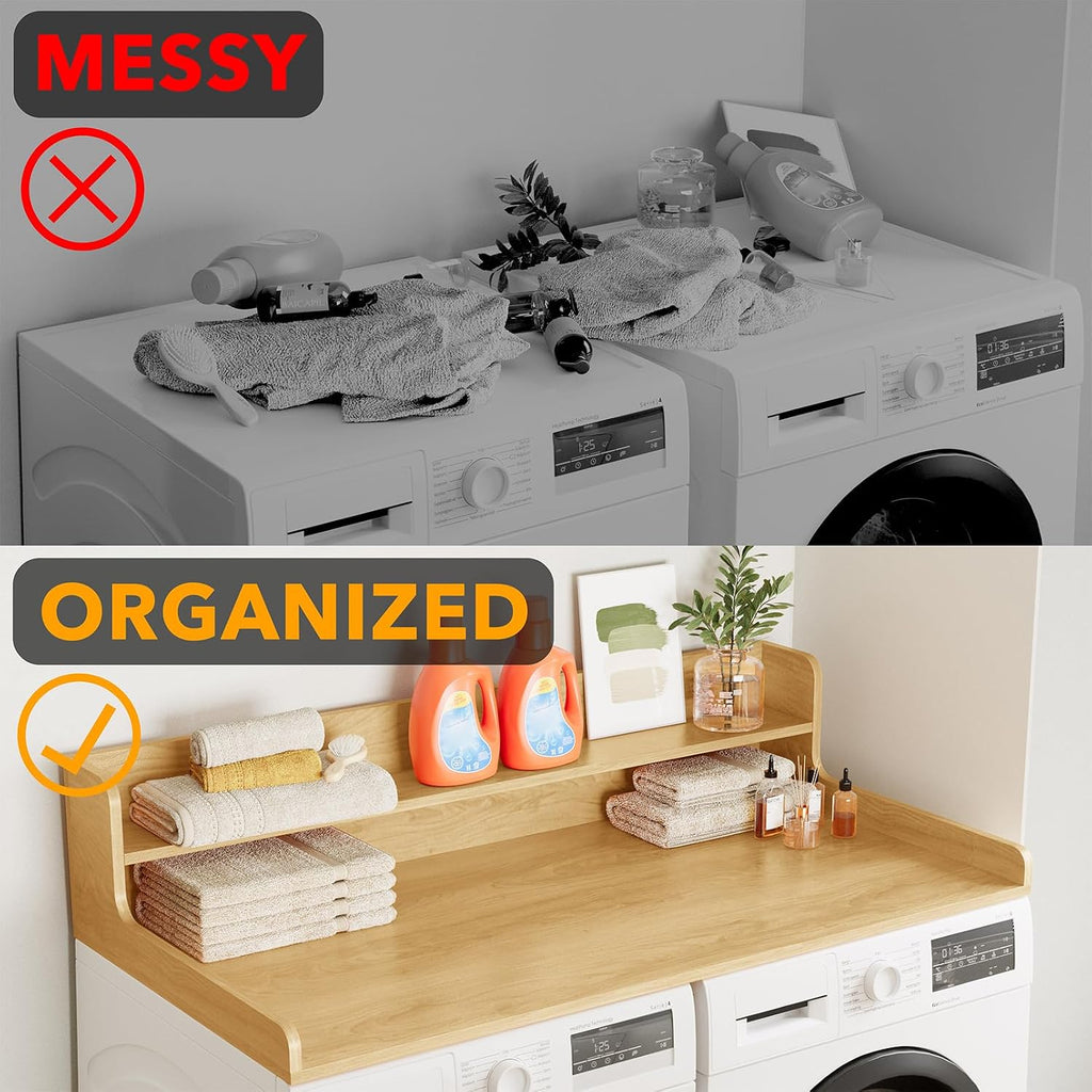 SpaceAid Washer Dryer Countertop with 2-Tier Shelf, Wood Topper with Edge, 54' Width x 27.5' Depth Cover Organizer Guard for Washer and Dryer Counter Laundry Hamper Storage (Maple Wood)