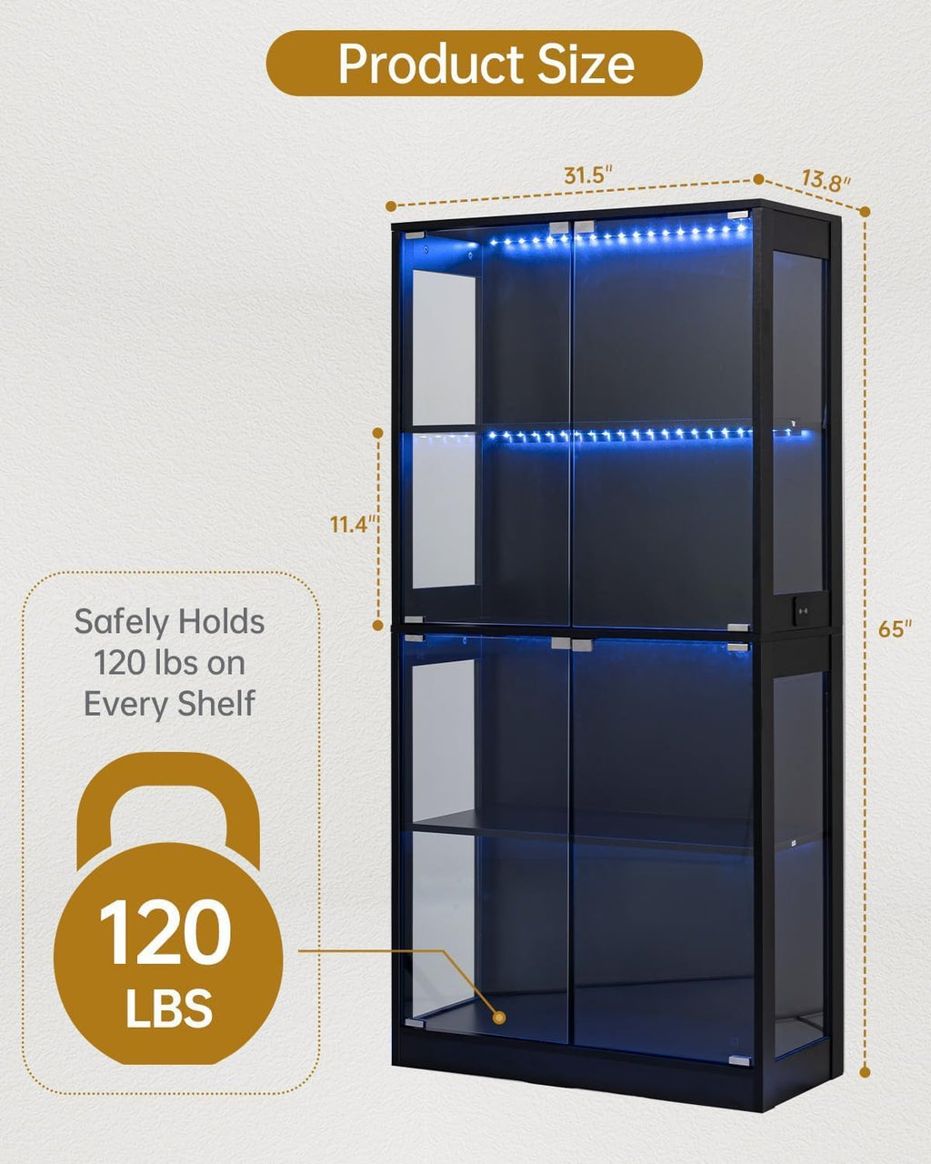 Glass Display Cabinet 2pcs, 65' Tall Display Case with RGB Lights Curio Cabinet with Glass Doors 4-Tier LED Storage Cabinet with Human Body Sensor & Press-To-Open for Collectibles Book Figure(Black)